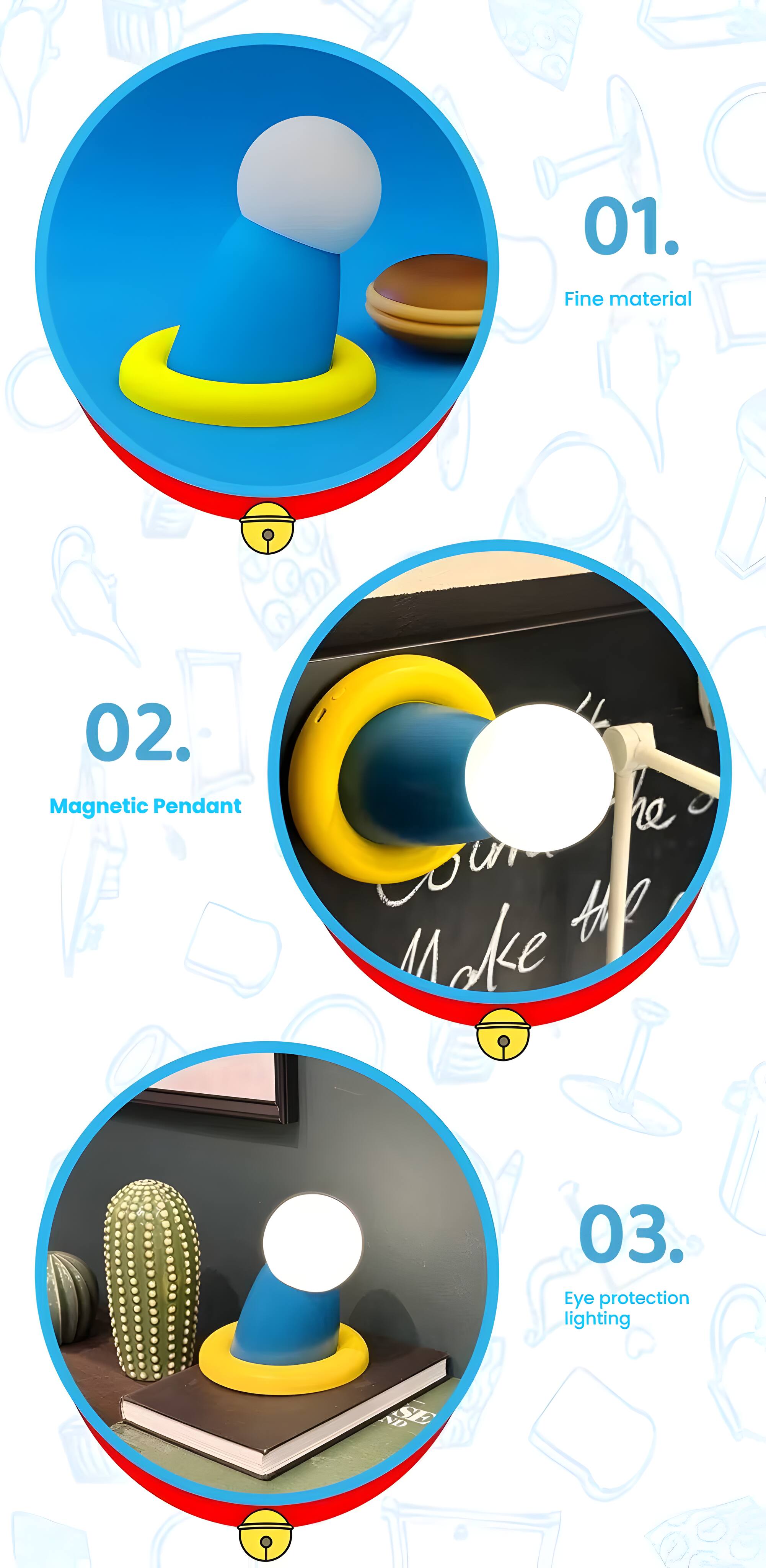 01. Fine material  
02. Magnetic Pendant  
03. Eye protection lighting