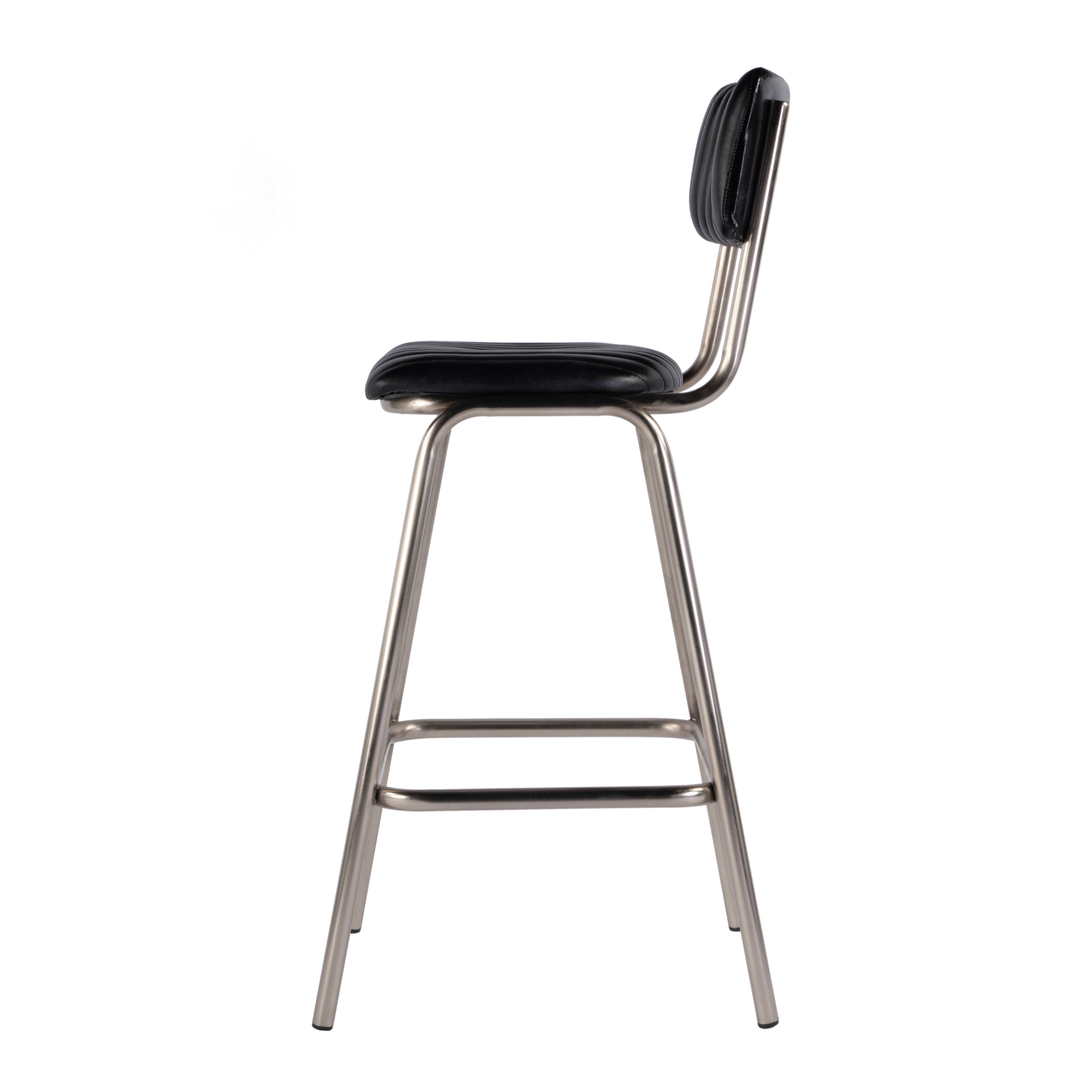 Alt View 3. Butler Specialty - Waylon 31.5 in. Seat Height Leather and Iron Bar Height Stool with Back and Footrest, Black, Silver - Black,Silver.