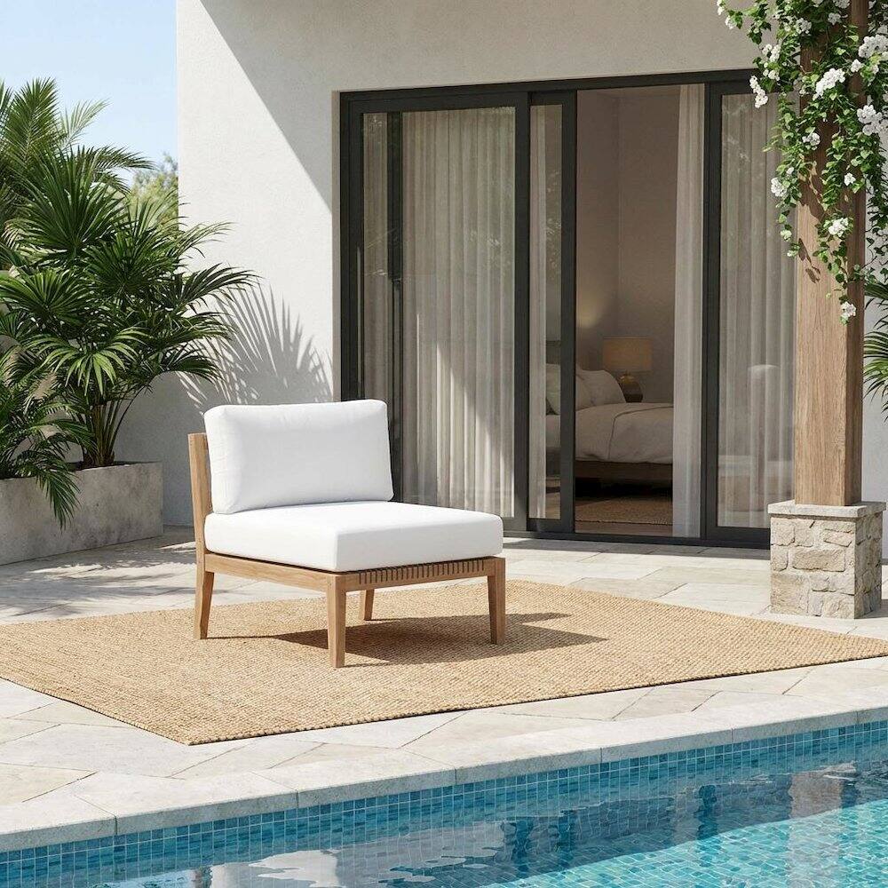 Angle. Outdoor Escape - Teak Wood Outdoor Lounge Chair With Back And Seat Cushions - Gray.