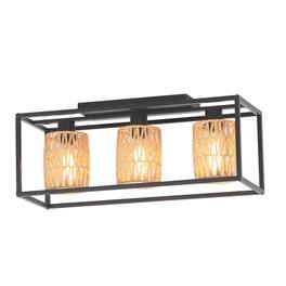 Umeiluce - 3 Lights Handmade Woven Paper Flush Mount light Farmhouse Style Light - Black and brown