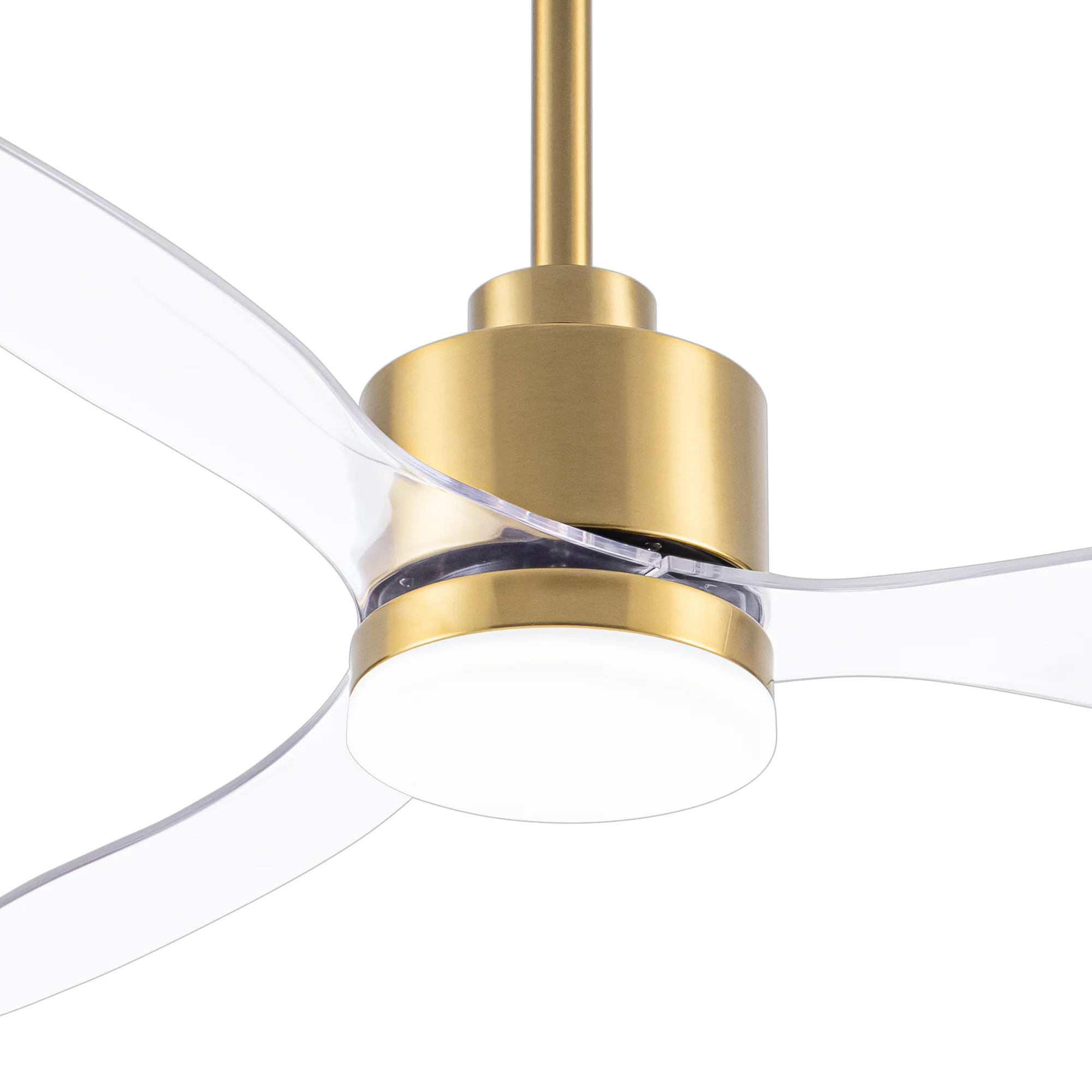 Left. Breezary - 52" Indoor Ceiling Fan, 3 ABS Blades, 6-Speed DC Motor, Remote Control, Memory/Timer, 3-Color LED Light, 5"/10" Downrods - Gold with Clear.