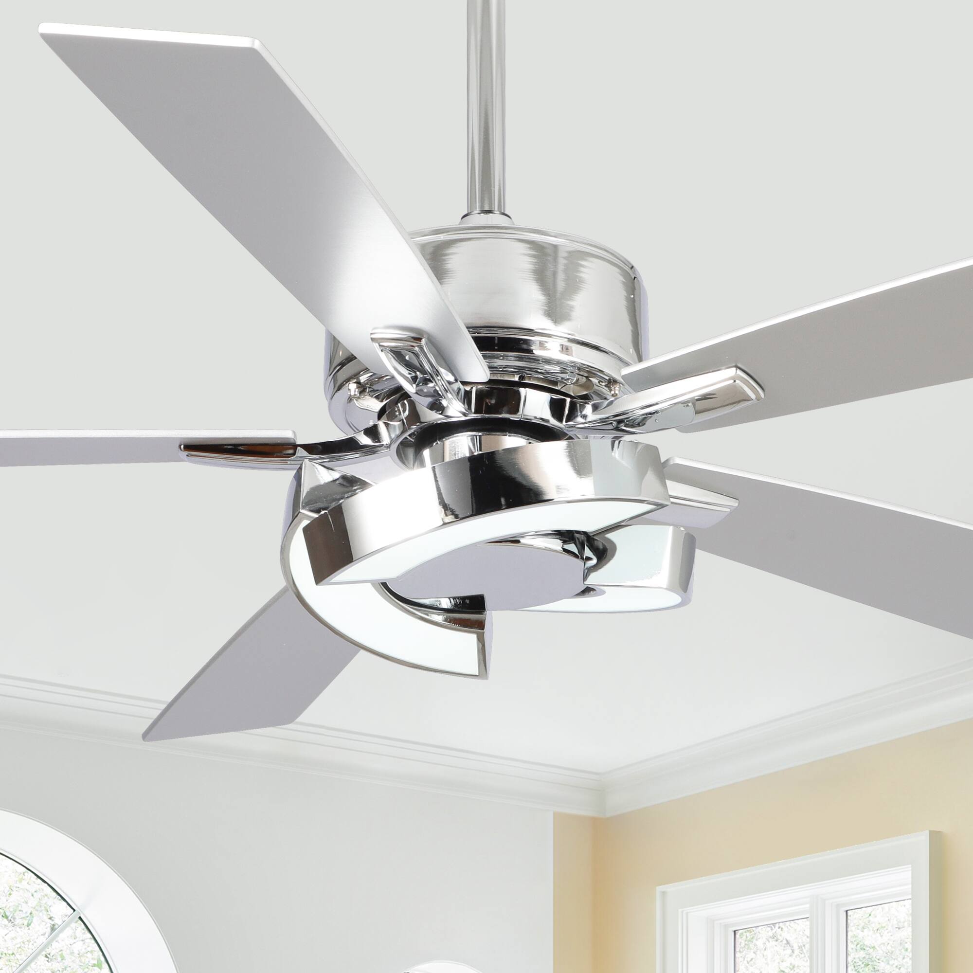 Front. Parrot Uncle - 52" Chrome Modern Unique LED Dimmable Ceiling Fan with Light and Remote - Chrome.