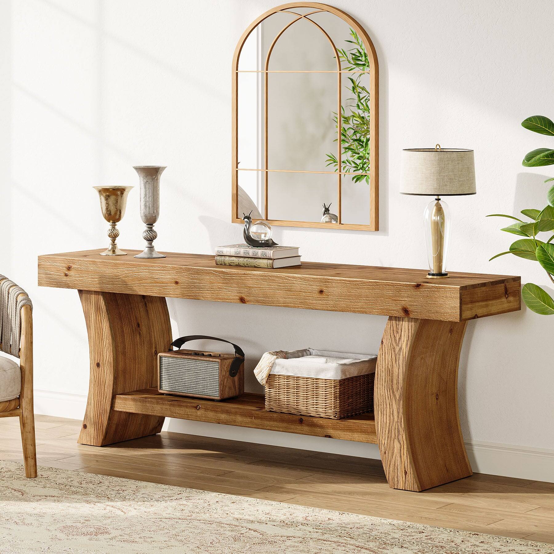 Angle. Tribesigns - Farmhouse Solid Wood Console Table with Storage Shelves and Rectangular Top for Entryway and Living Room - Brown.