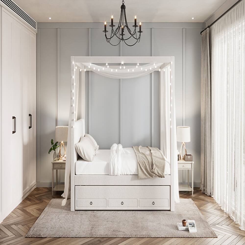 Alt View 3. Loheer - Loheer Full Size Canopy Bed Upholstered Platform Bed with Trundle and 3 Storage Drawers Beige Pine Wood Bed Frame - Beige.