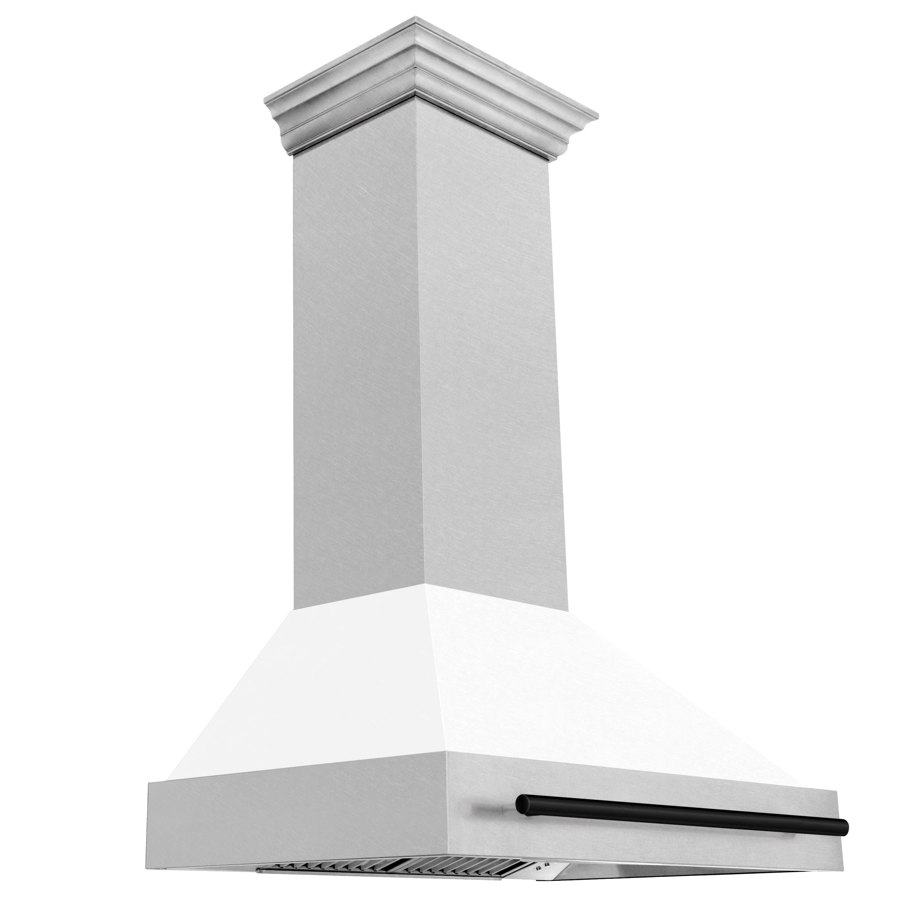 Left. ZLINE - ZLINE Autograph Edition 36 in. Satin Stainless Steel Wall Mount Range Hood with White Matte Shell and Matte Black Handle - Satin Stainless Steel with White Matte Shell.
