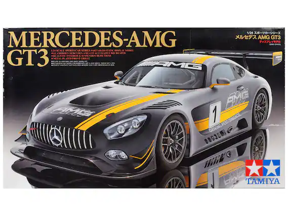 MERCEDES-AMG 1/24 SCALE SPORTS CAR SERIES * DETAILED STATIC DISPLAY MODEL WITH GLAMOROUS MERCEDES-AMG GT3 ACCURATELY RECREATED * REALISTIC INTERIOR & SUSPENSION DEPICTIONS GT3 * METAL PLATED FRONT GRILLE * READY TO ASSEMBLE PRE-PAINTED KIT * CEMENT AND PAINT NOT INCLUDED * MODEL MAY VARY FROM IMAGE ON BOX.
1/24 AMG GT3
TAMIYA
