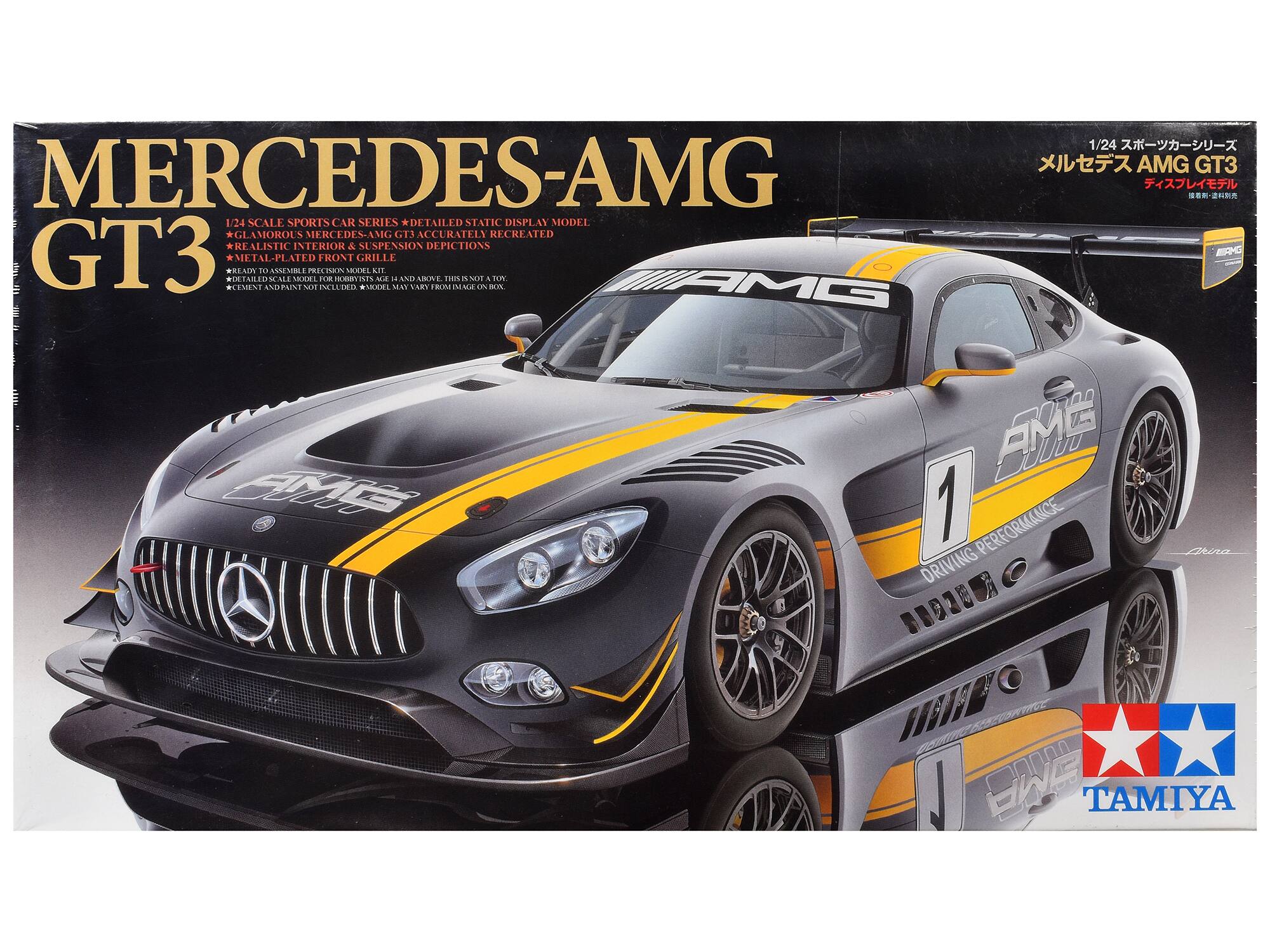 MERCEDES-AMG 1/24 SCALE SPORTS CAR SERIES * DETAILED STATIC DISPLAY MODEL WITH GLAMOROUS MERCEDES-AMG GT3 ACCURATELY RECREATED * REALISTIC INTERIOR & SUSPENSION DEPICTIONS GT3 * METAL PLATED FRONT GRILLE * READY TO ASSEMBLE PRE-PAINTED KIT * CEMENT AND PAINT NOT INCLUDED * MODEL MAY VARY FROM IMAGE ON BOX. 

1/24 AMG GT3

TAMIYA