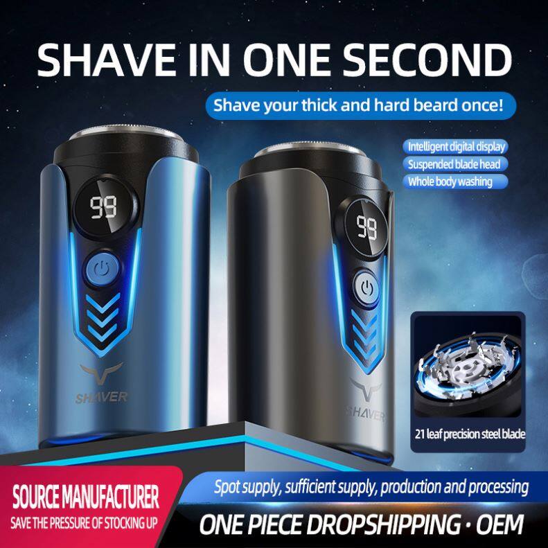 SHAVE IN ONE SECOND  
Shave your thick and hard beard once!  

99  
99  
Intelligent digital display  
Suspended blade head  
Whole body washing  

SHAVER  
SHAVER  

21 leaf precision steel blade  

SOURCE MANUFACTURER  
SAVE THE PRESSURE OF STOCKING UP  

Spot supply, sufficient supply, production and processing  
ONE PIECE DROPSHIPPING • OEM