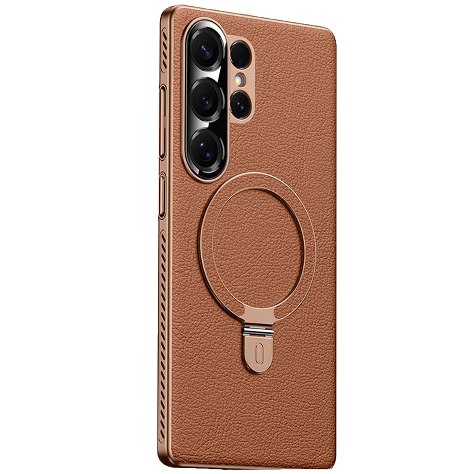 Front. Dteck - Magnetic Case for Samsung Galaxy S25 Ultra,Shockproof Cover Adjustable Stand,Heat Dissipation Synthetic Leather Case - Brown.
