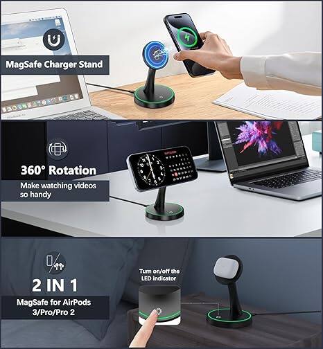 MagSafe Charger Stand

360° Rotation  
Make watching videos so handy

2 IN 1  
MagSafe for AirPods 3/Pro/Pro 2

Turn on/off the LED indicator