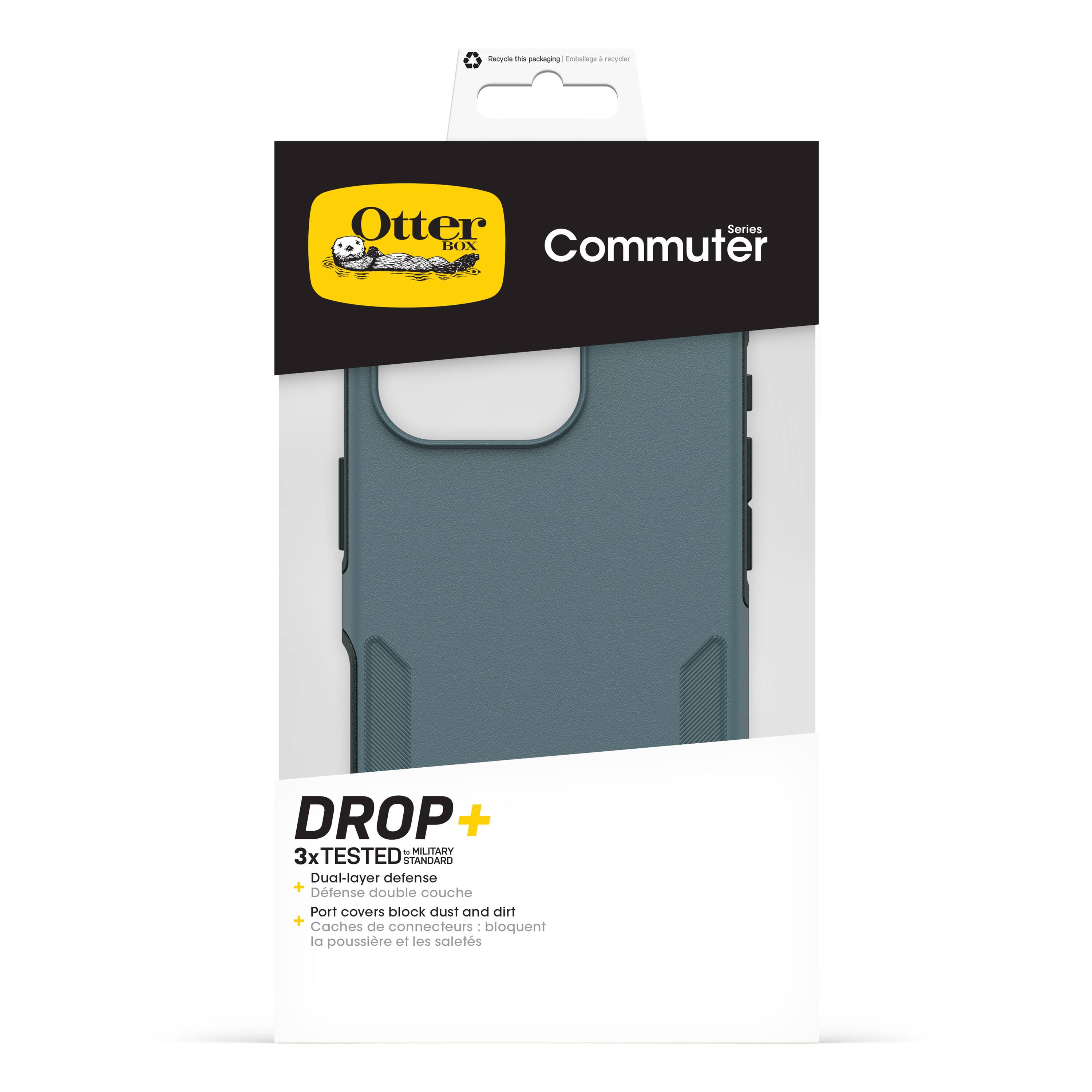 The text on the image reads: "Otter Series BOX Commuter DROP + - MILITARY 3x TESTED STANDARD Dual-layer defense + Port covers block dust and dirt + Caches de connecteurs bloquent la poussire el les salets."