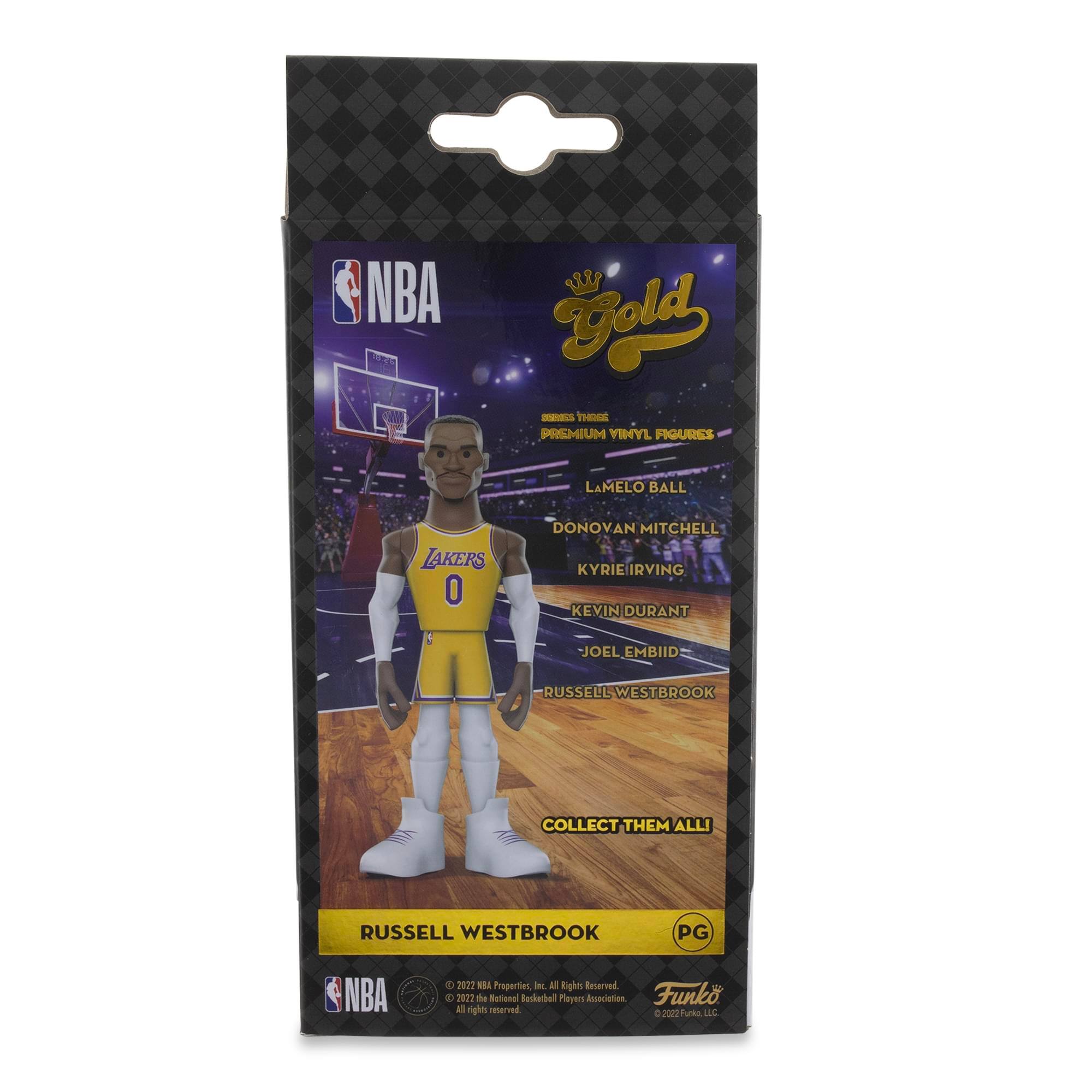 NBA Fold - aet PREMIUM TAMIA FIGURES  
LAMELO BALL  
DONOVAN MITCHELL  
KYRIE IRVING  
KEVIN DURANT  
JOEL EMBIID  
RUSSELL WESTBROOK  
COLLECT THEM ALL  

NBA  
Gold  
PREMIUM VINYL FIGURES  

RUSSELL WESTBROOK  
PG  

© 2022 NBA Properties, Inc.  
© 2022 the National Basketball Association Players Association.  
All rights reserved.  

© 2022 Funko LLC