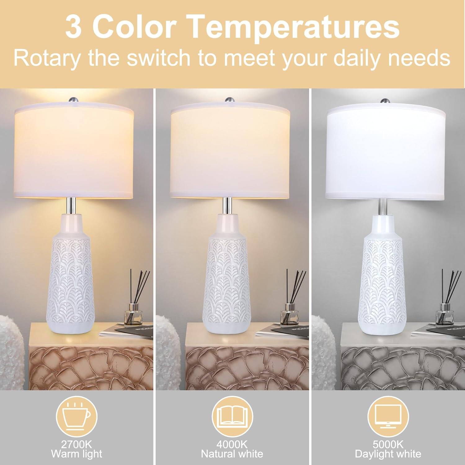 3 Color Temperatures  
Rotary the switch to meet your daily needs  

2700K Warm light  
4000K Natural white  
5000K Daylight white