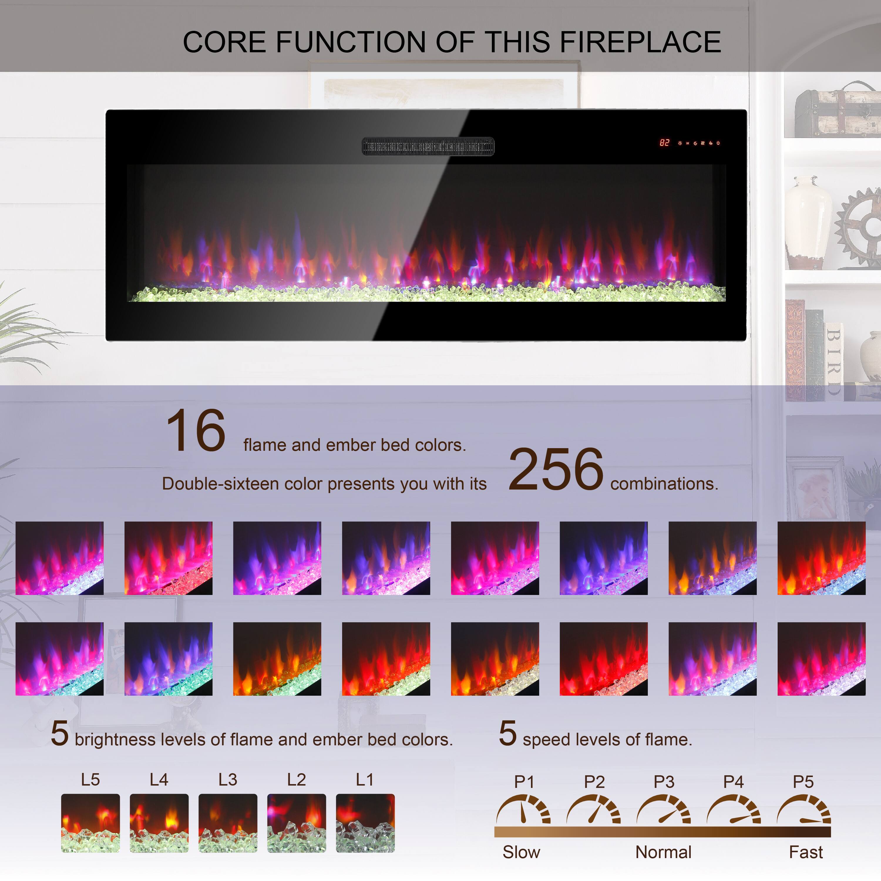 CORE FUNCTION OF THIS FIREPLACE

16 flame and ember bed colors. Double-sixteen color presents you with its 256 combinations.

5 brightness levels of flame and ember bed colors.
L5 L4 L3 L2 L1

5 speed levels of flame.
P1 P2 P3 P4 P5
Slow Normal Fast