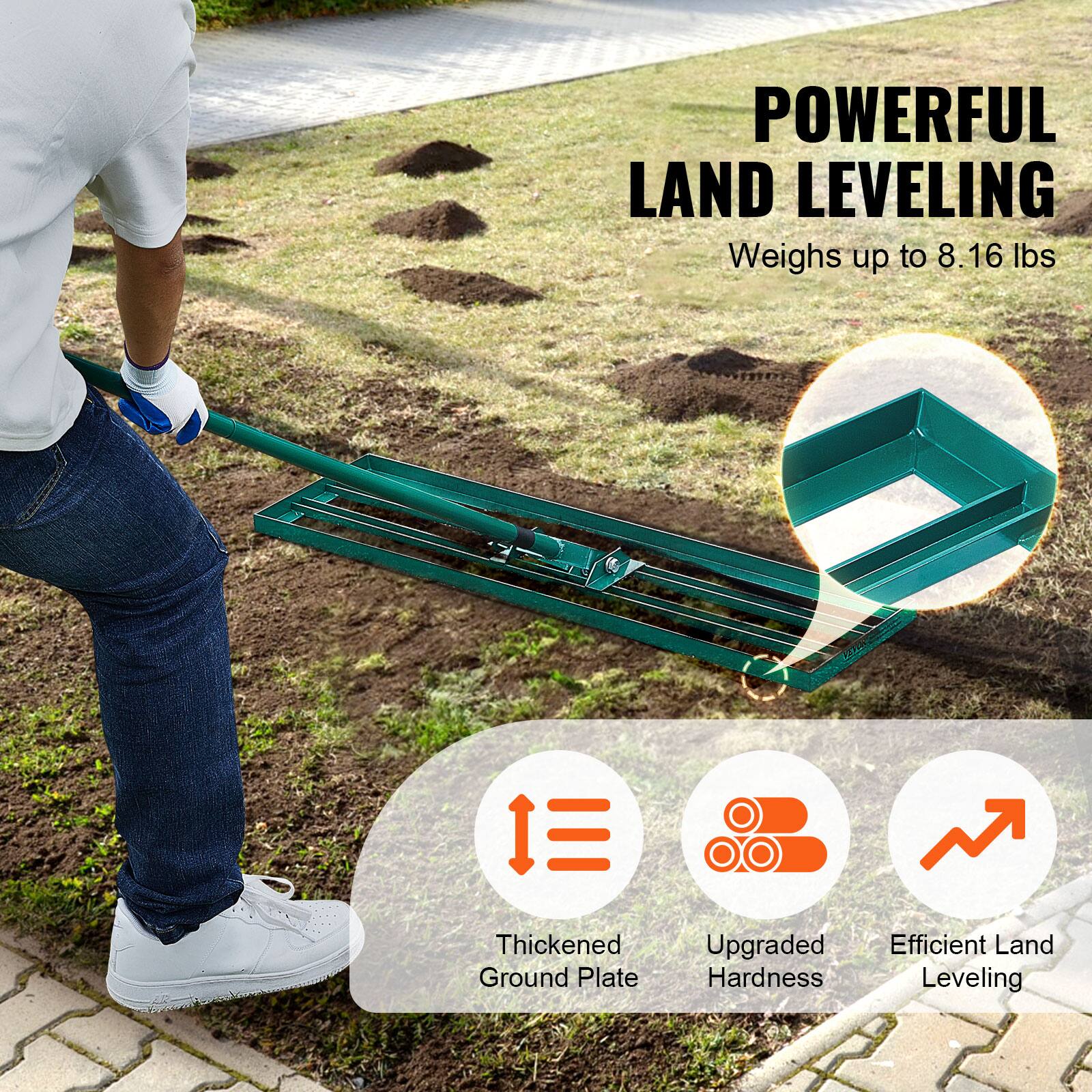 POWERFUL LAND LEVELING  
Weighs up to 8.16 lbs  

- Thickened Ground Plate  
- Upgraded Hardness  
- Efficient Land Leveling