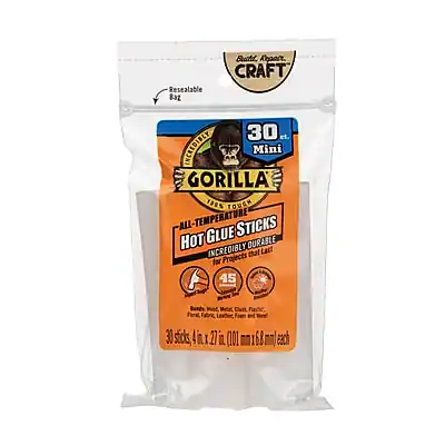 Sure, here is the corrected and grouped text:
---
**Resealable Bag**
**Gorilla Craft**
**30 Mini All-Temperature Hot Glue Sticks**
**Incredibly Durable**
**45 Mea CluIt Pucic Farz Fabric Foam**
**30 sticks, 4.25 x 0.25 in. (108 mm x 6.3 mm) each**
---
**Features:**
- Fabric
- Foam
- Paper
- Cardboard
---
**Gorilla Craft**