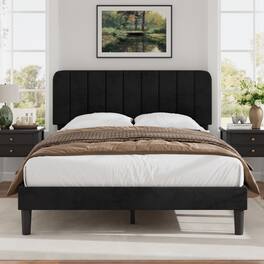 Vecelo - Queen Bed Frame w/ Padded Headboard & Platform, Reinforced Wood Slats - No Box Spring, Velvet Dark Blue - Easy Assembly - Black