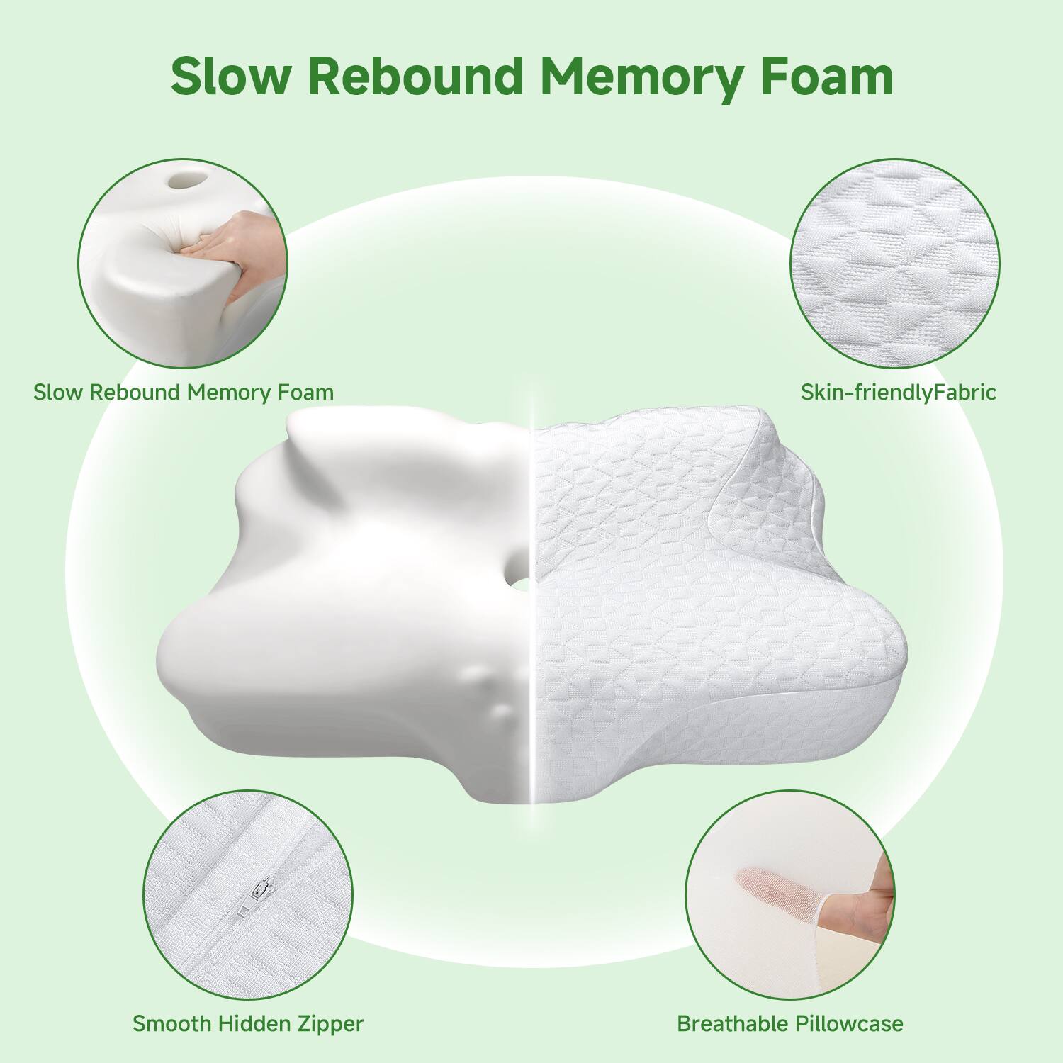 Slow Rebound Memory Foam

- Slow Rebound Memory Foam
- Skin-friendly Fabric
- Smooth Hidden Zipper
- Breathable Pillowcase