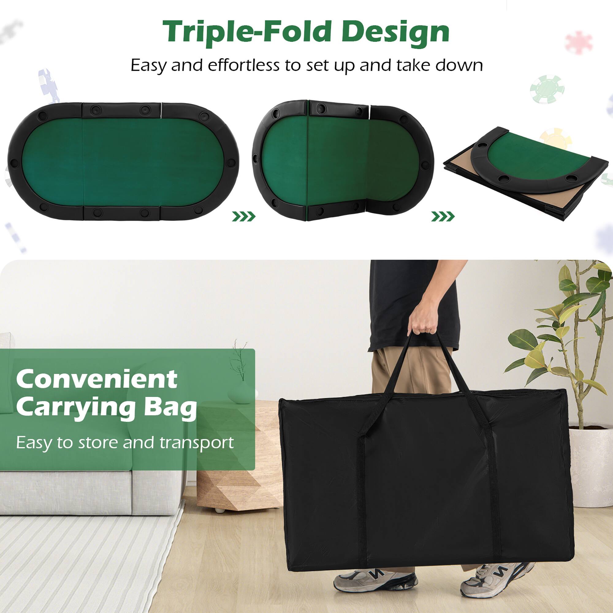Triple-Fold Design  
Easy and effortless to set up and take down  

Convenient Carrying Bag  
Easy to store and transport