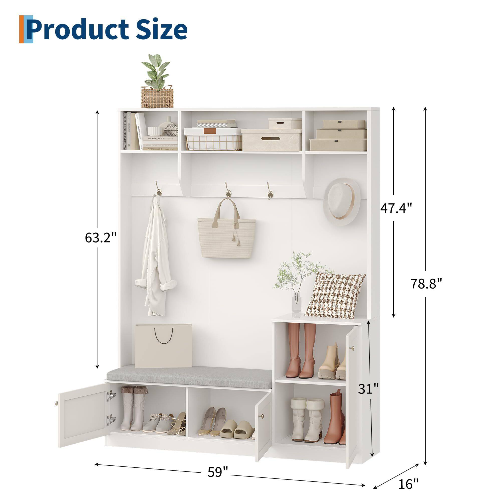 Product Size:  
- Height: 78.8"  
- Width: 59"  
- Depth: 16"  
- Shelf Height: 47.4"  
- Total Height: 63.2"  
- Shelf Depth: 31"