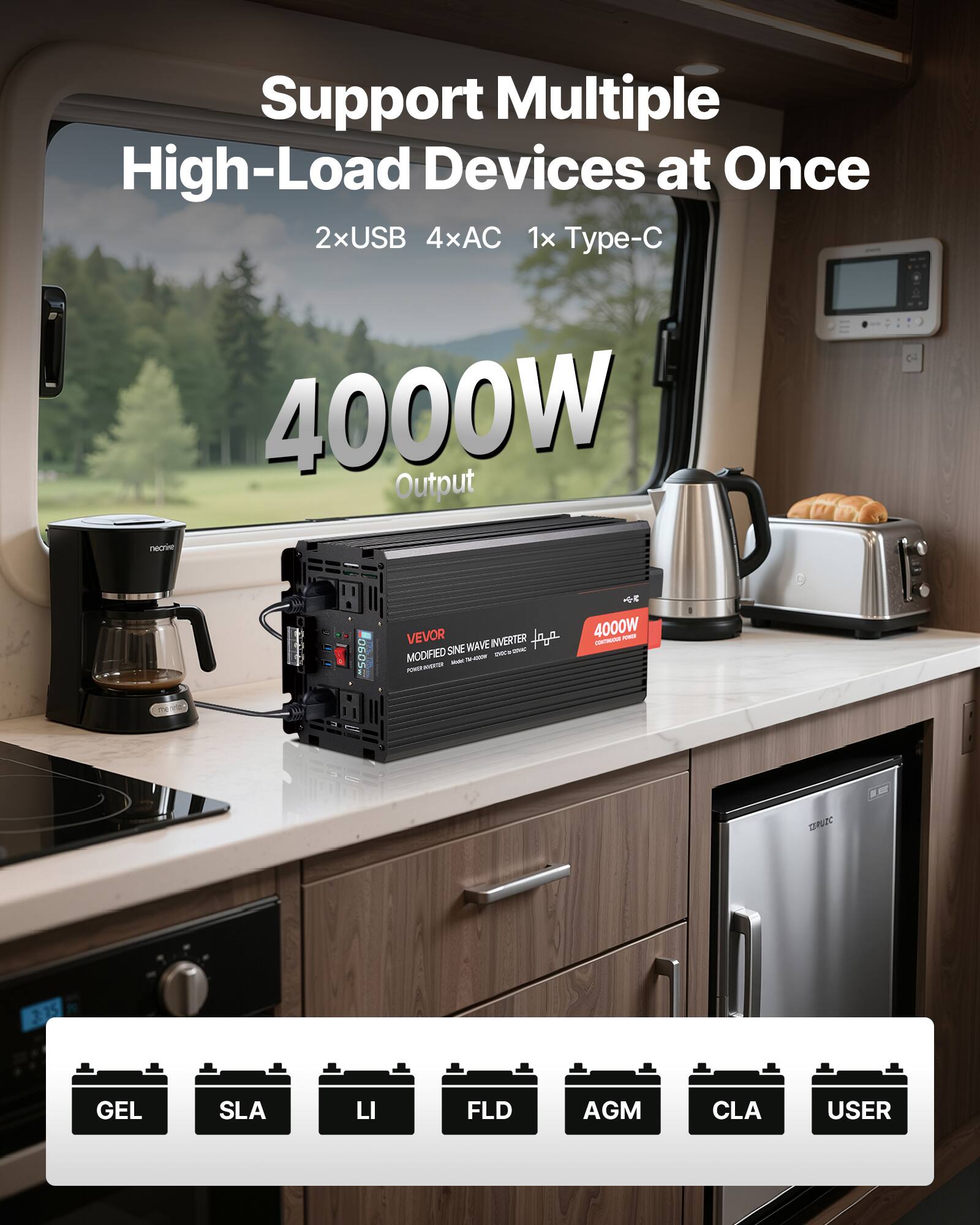 Support Multiple High-Load Devices at Once  
2xUSB 4xAC 1x Type-C  
4000W Output  

VEVOR WAVE INVERTER  
MODIFIED SINE  

GEL  
SLA  
LI  
FLD  
AGM  
CLA  
USER