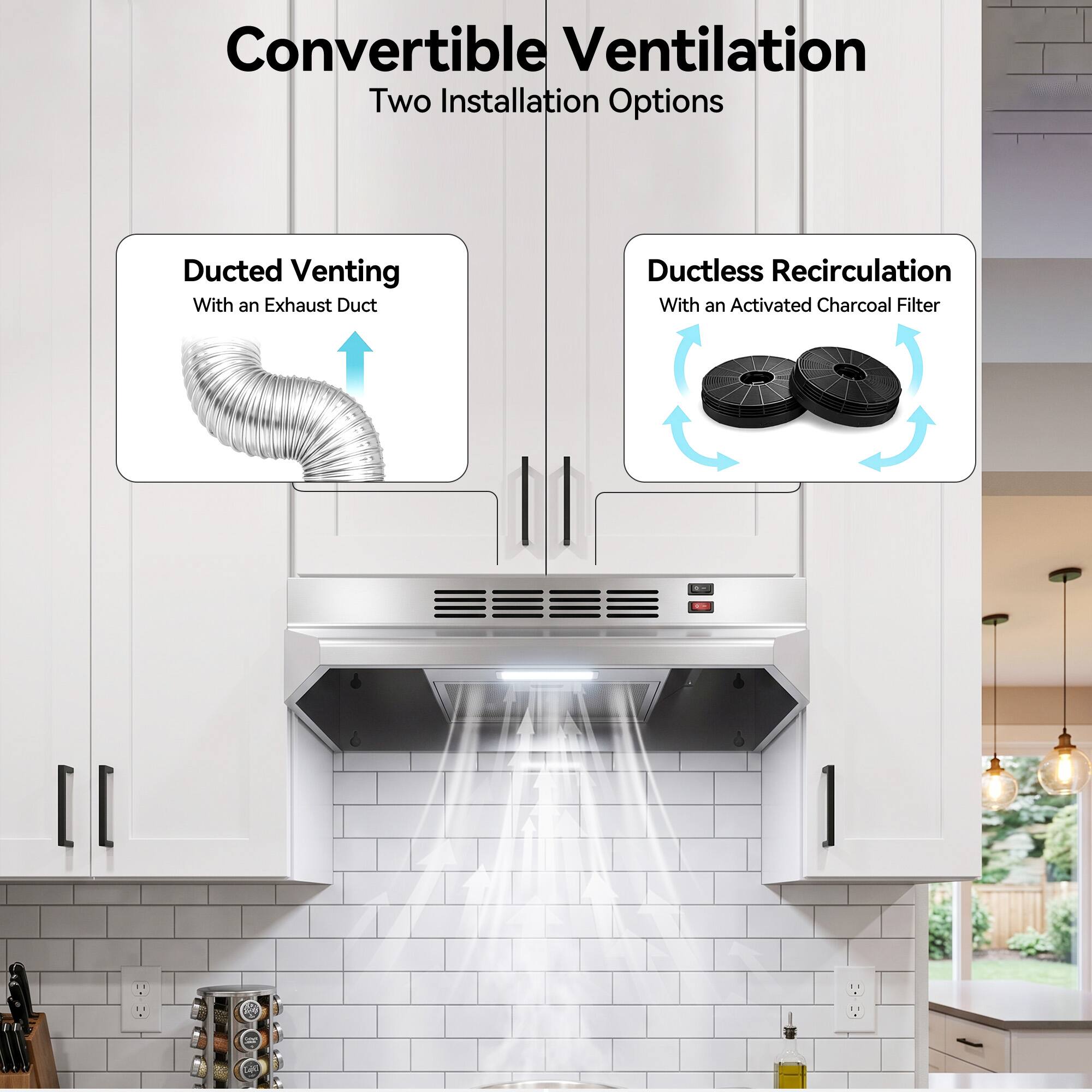 Convertible Ventilation  
Two Installation Options

- Ducted Venting  
  With an Exhaust Duct

- Ductless Recirculation  
  With an Activated Charcoal Filter