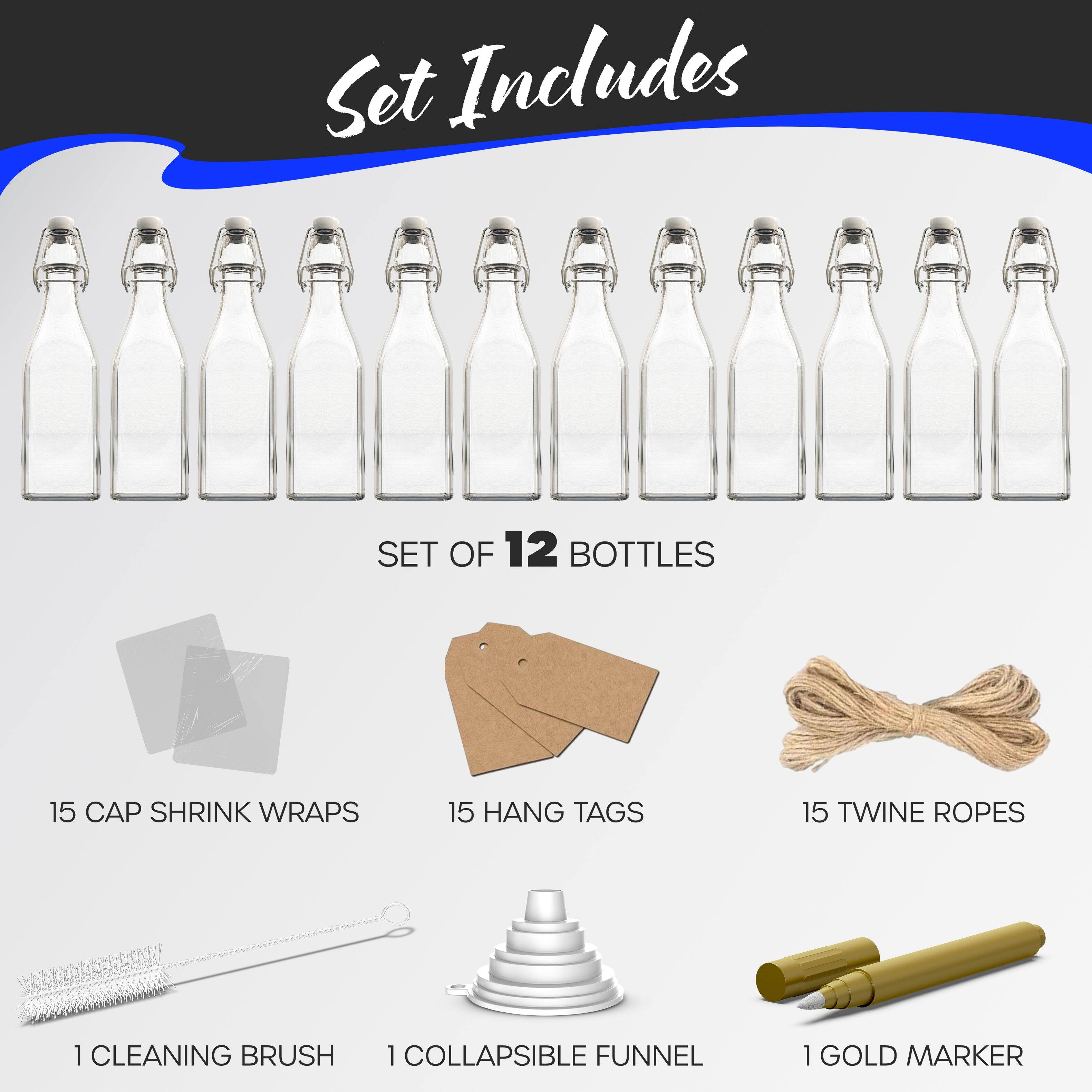 Set Includes

SET OF 12 BOTTLES  
15 CAP SHRINK WRAPS  
15 HANG TAGS  
15 TWINE ROPES  
1 CLEANING BRUSH  
1 COLLAPSIBLE FUNNEL  
1 GOLD MARKER