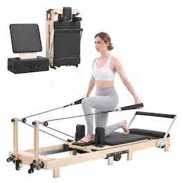VEVOR - Pilates Reformer 91" Foldable Pilates Machine 400 lbs Rubberwood, for Home Use and Gym Workout, with Jump Board, Springs - Natural Wood;Black