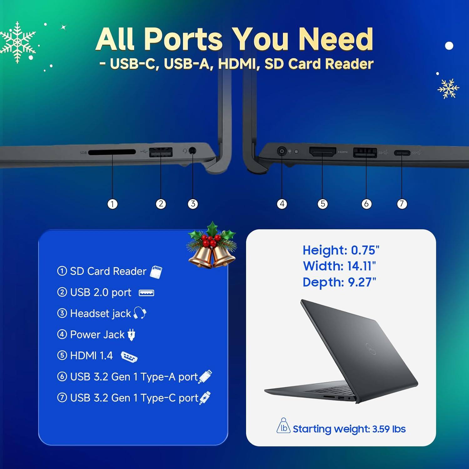 All Ports You Need  
- USB-C, USB-A, HDMI, SD Card Reader

1. SD Card Reader
2. USB 2.0 port
3. Headset jack
4. Power Jack
5. HDMI 1.4
6. USB 3.2 Gen 1 Type-A port
7. USB 3.2 Gen 1 Type-C port

Height: 0.75"  
Width: 14.11"  
Depth: 9.27"  
Starting weight: 3.59 lbs