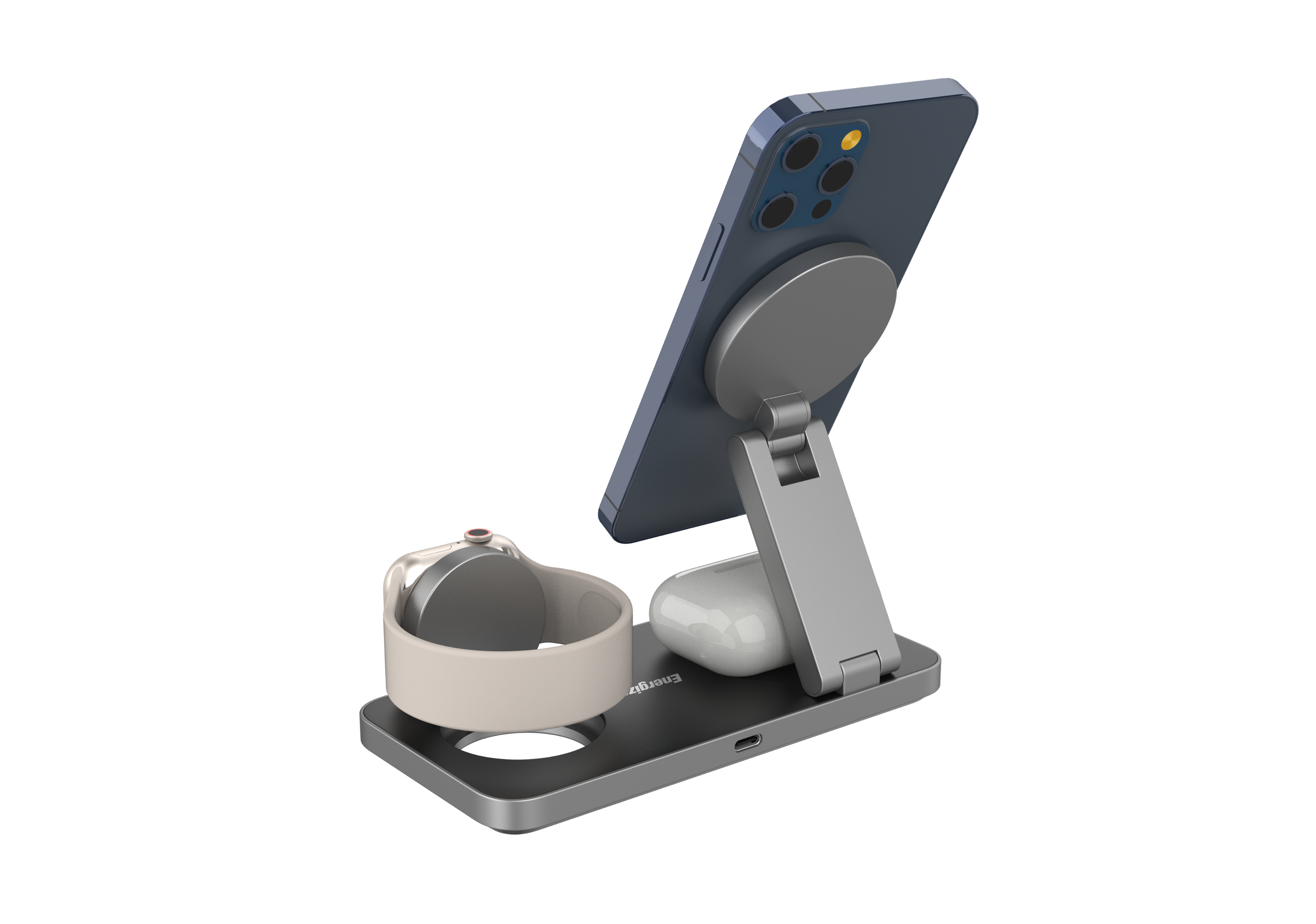 Angle. Energizer - 3-in-1 15W Magnetic MagSafe/Qi2 Compatible Fast 15W Charger, Charging Station/Stand for iPhone + AirPods + Apple Watch - Black.