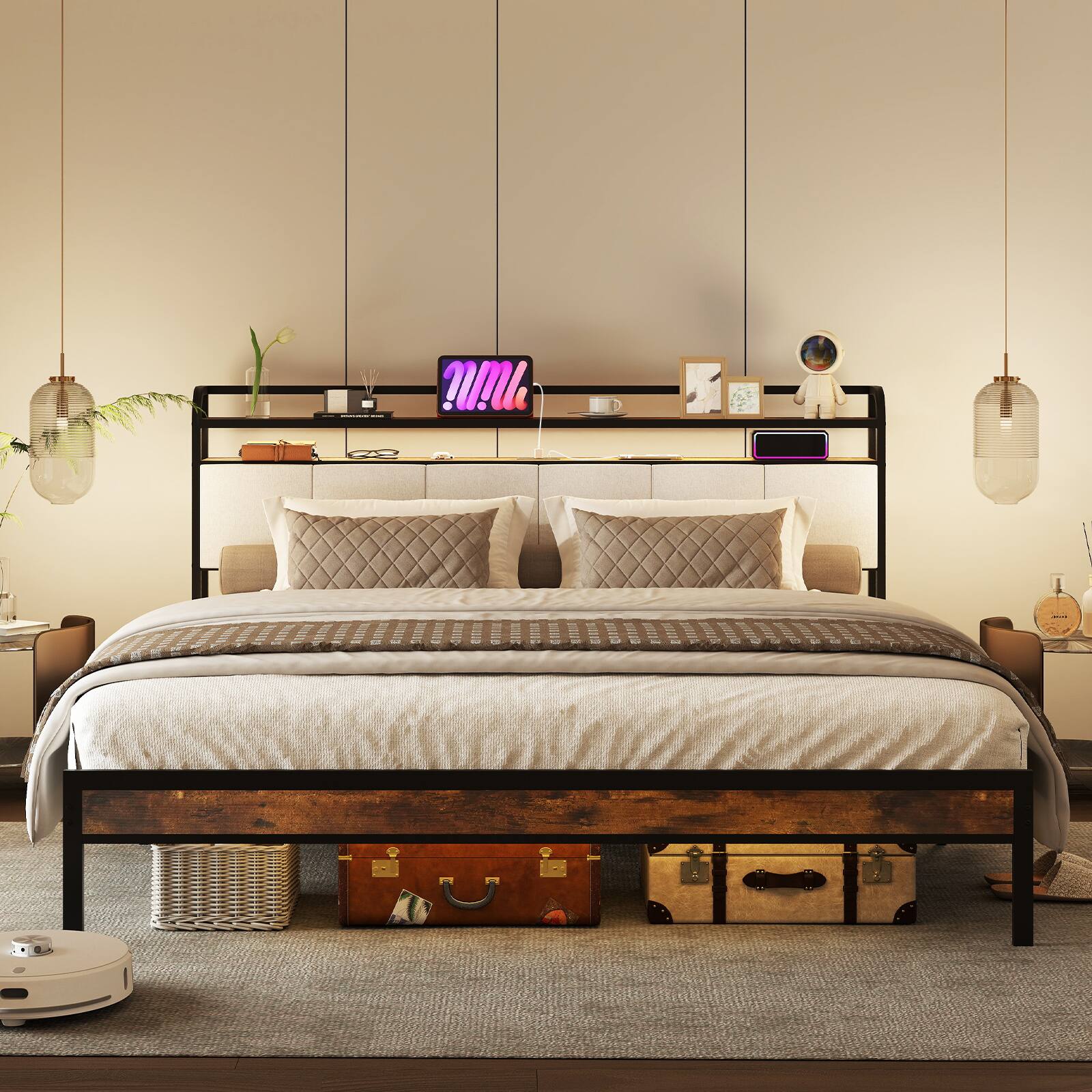 Alt View 3. Costway - Costway King Size Bed Frame w/Charging Station Metal Platform Bed w/ Upholstered Headboard - Rustic Brown,Black,Grey.