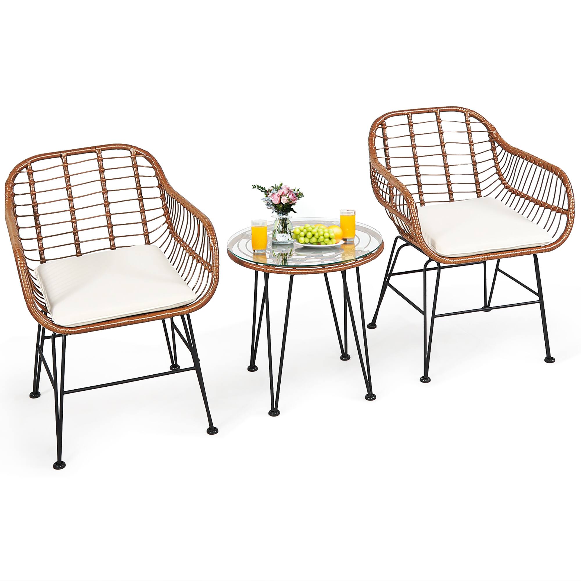Left. Costway - 3PCS Patio Rattan Bistro Set Coffee Table Armchair Garden Cushion - Beige.