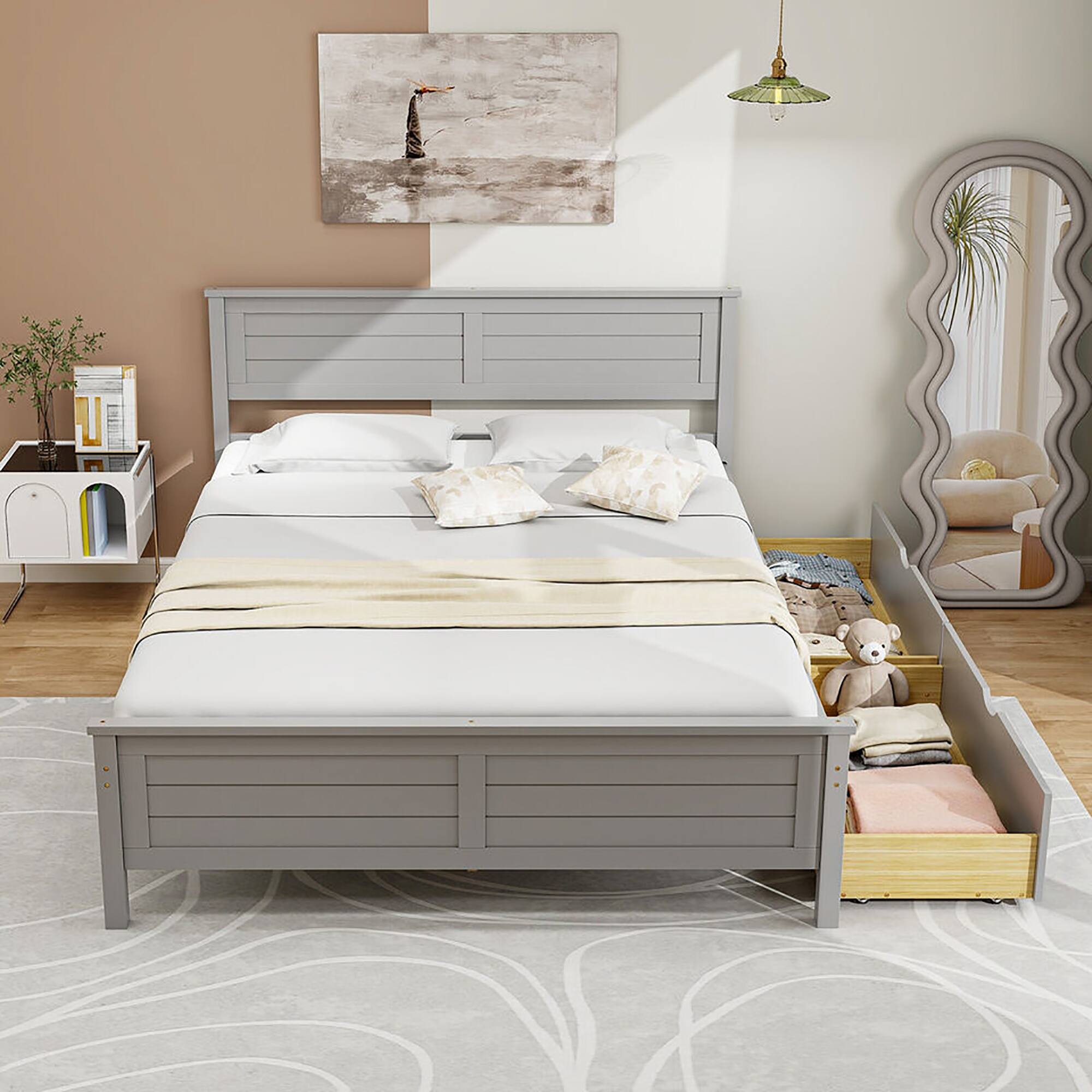Alt View 3. Gymax - Gymax Full Size Wooden Bed Frame w/ 2 Storage Drawers & Under-bed Storage Gray - Gray.