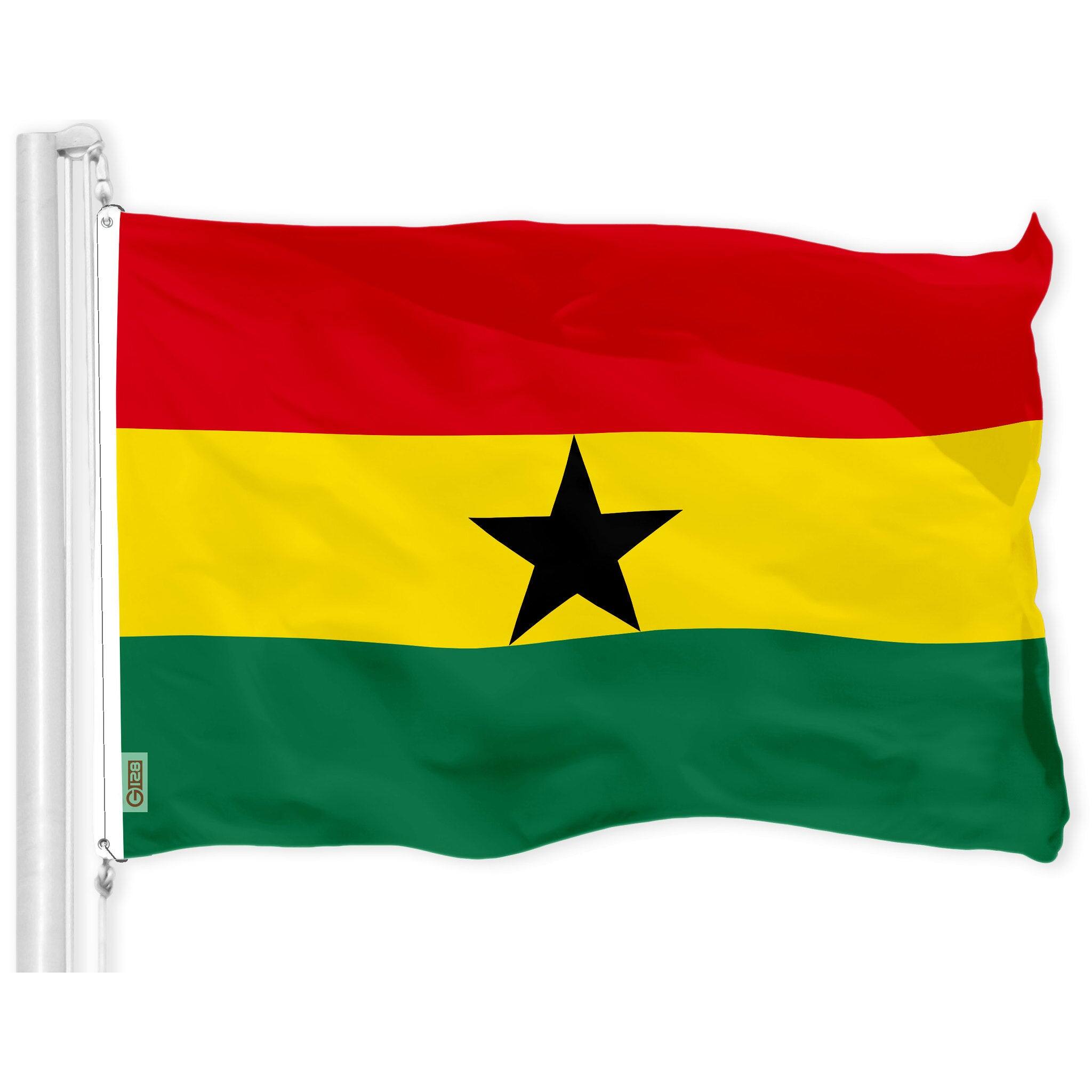 Front. G128 - Ghana Flag 3 x 5 ft Printed 150D Polyester — Indoor/Outdoor, Brass Grommets. - Assorted Colors.