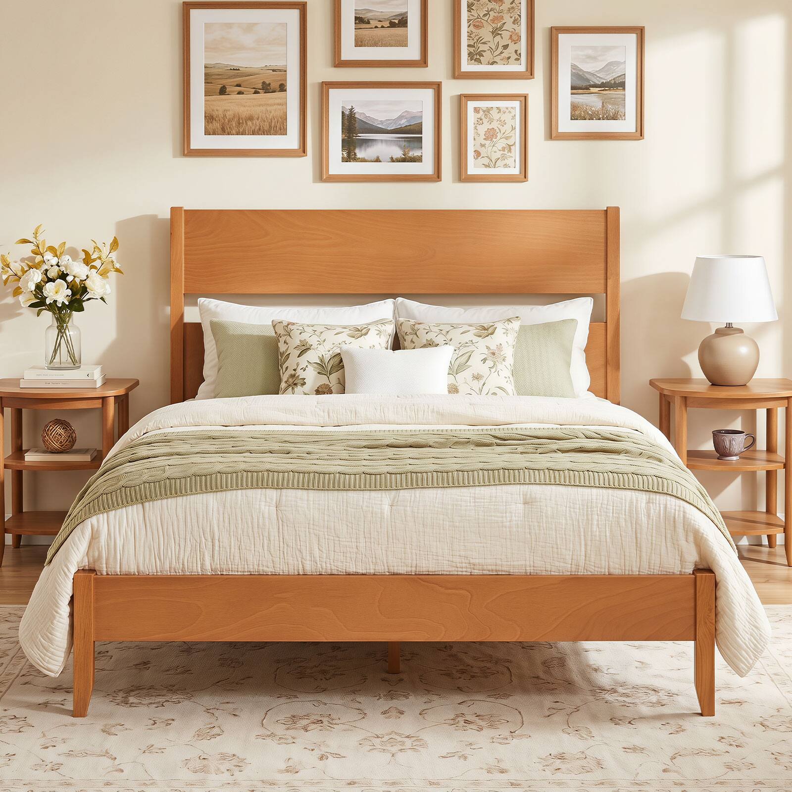 Alt View 5. Costway - Costway Full Bed Frame with Headboard, Solid Wood Legs, 12 Slats, No Box Spring Needed - Warm Brown.