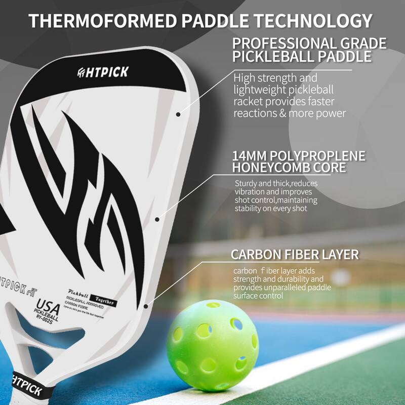 **THERMOFORMED PADDLE TECHNOLOGY**

**PROFESSIONAL GRADE PICKLEBALL PADDLE**

- High strength and lightweight pickleball racket provides faster reactions & more power

- **14MM POLYPROPYLENE HONEYCOMB CORE**
  - Sturdy and thick, reduces vibration and improves shot control, maintaining control, stability on every shot

- **CARBON FIBER LAYER**
  - Carbon fiber layer adds strength and durability and provides unparalleled paddle surface control

**HTPICK**

**USA PICKLEBALL**

**TOGETHER**

**CARBON FIBER**

**HT-0025**