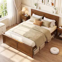 Gymax - Full Size Bed Frame Farmhouse Wooden Platform Bed w/ Headboard Walnut - Brown