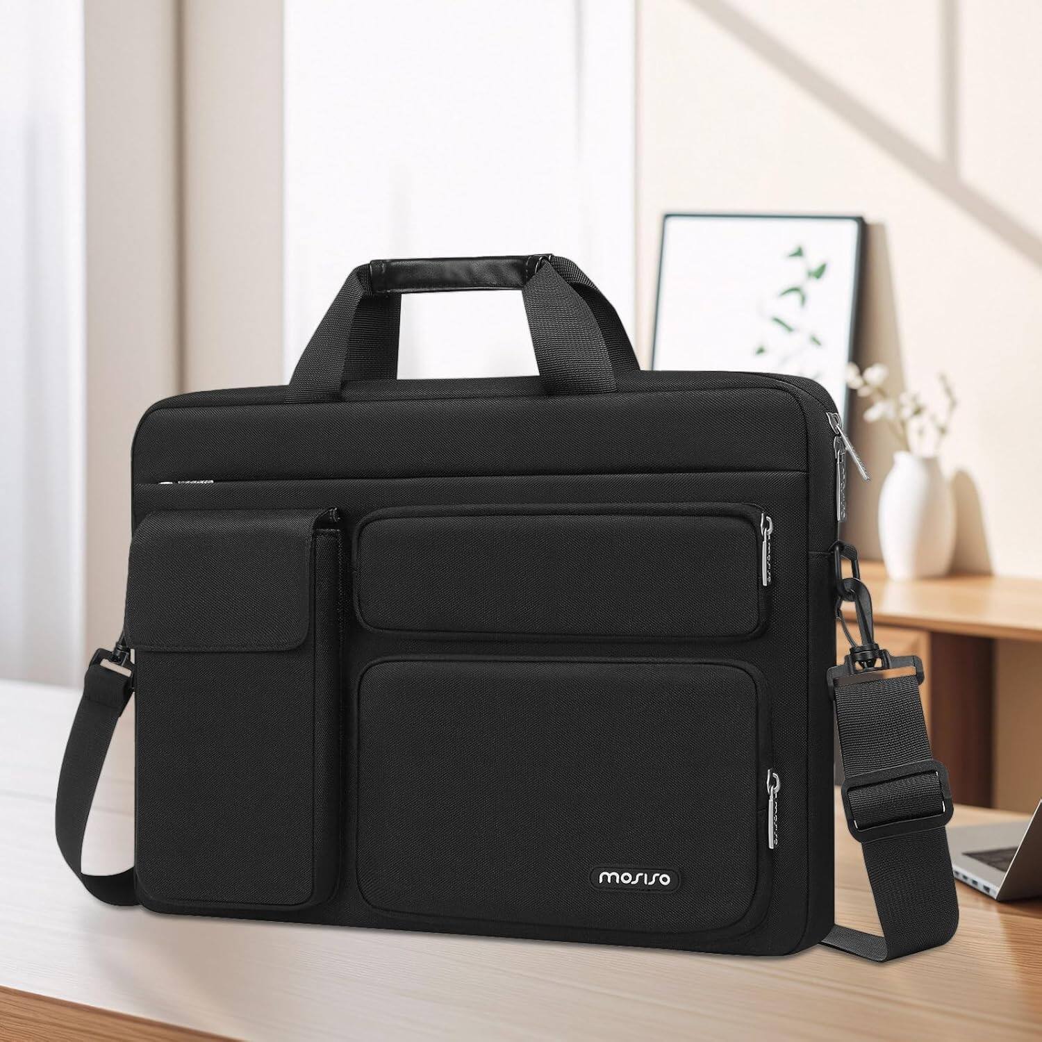 Left. mosiso - Laptop Shoulder Messenger Bag 15–16 inch - Padded Protective Compartment, Front Utility Pockets, Adjustable Strap - Black.