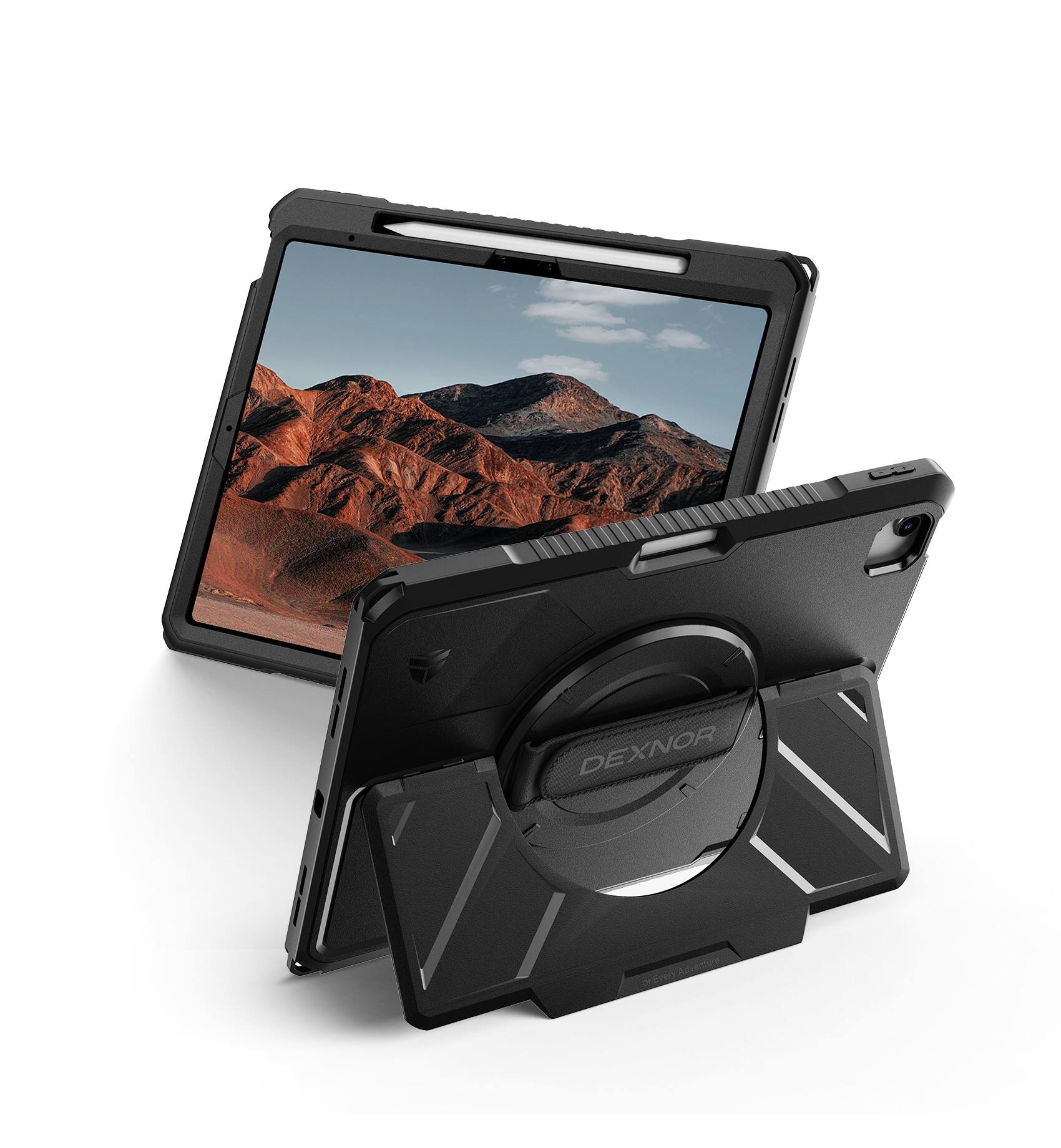 Angle. dexnor - Case for iPad Air 13” M4/M3/M2 with 360° Rotating Hand Strap& Screen Protector Shockproof Full-Body Bumper Cover - Black.