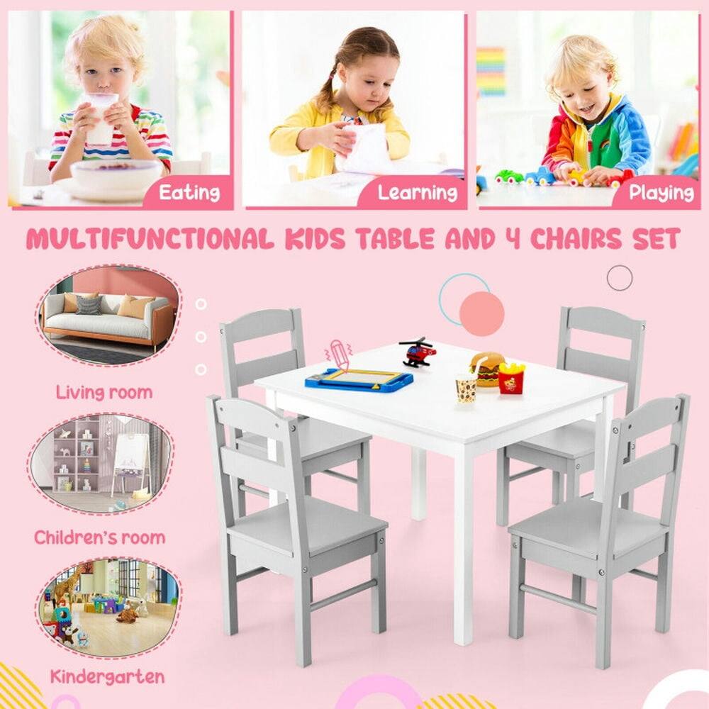 Eating  
Learning  
Playing  

MULTIFUNCTIONAL KIDS TABLE AND 4 CHAIRS SET  

Living room  
Children's room  
Kindergarten