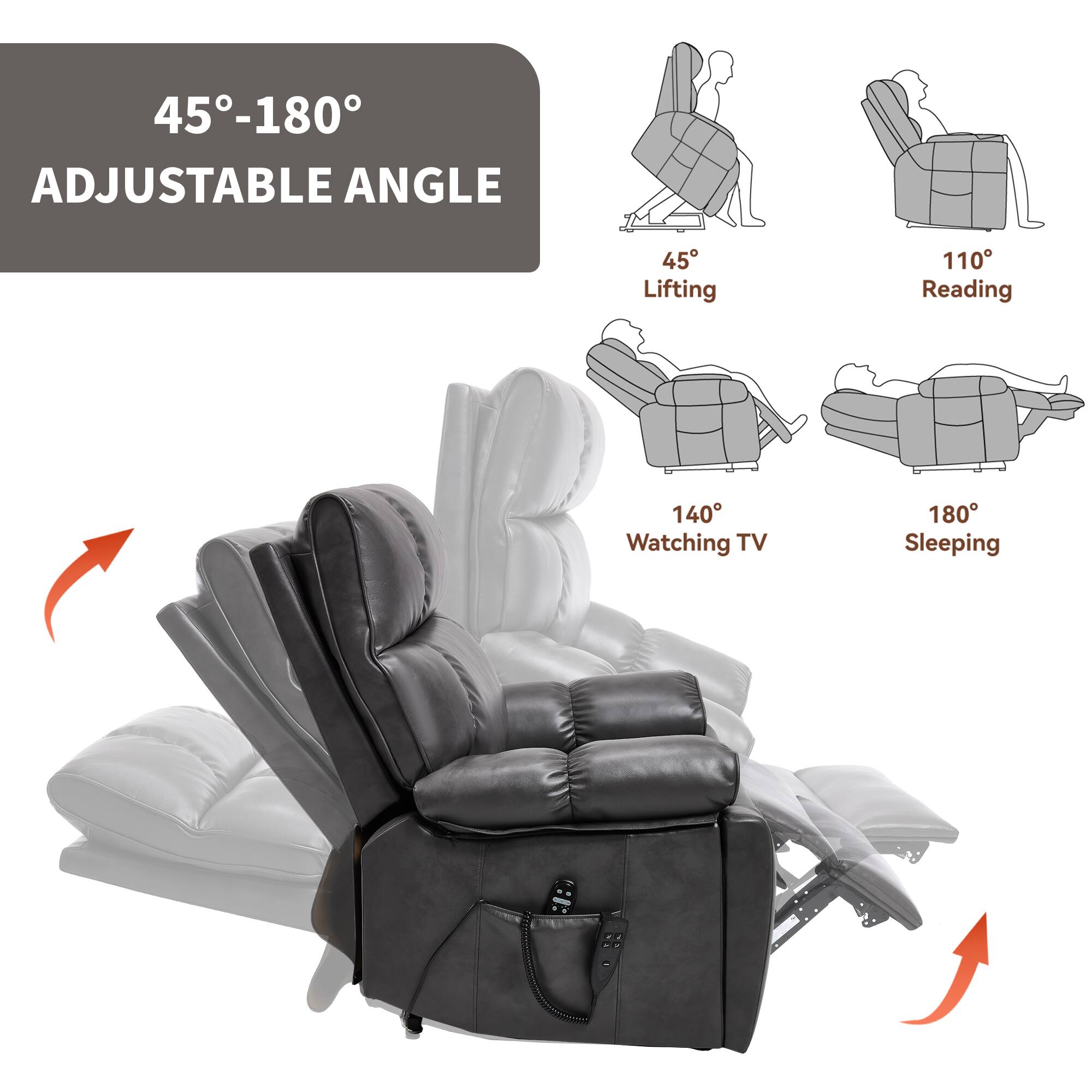 45°-180° Adjustable Angle

45° Lifting  
110° Reading  
140° Watching TV  
180° Sleeping