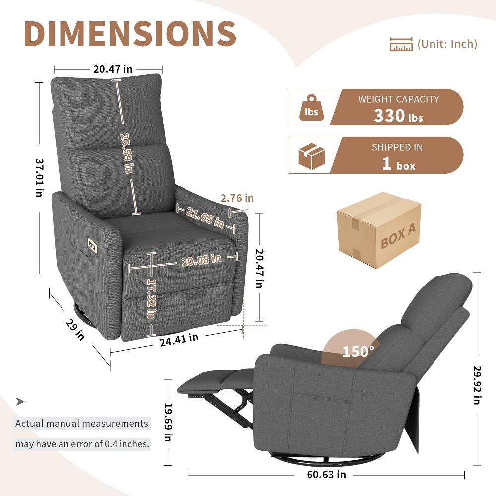 DIMENSIONS (Unit: Inch)  
- 20.47 in  
- 25.59 in  
- 37.01 in  
- 2.76 in  
- 21.65 in  
- 20.08 in  
- 17.32 in  
- 29 in  
- 24.41 in  
- 19.69 in  

Actual manual measurements may have an error of 0.4 inches.  

WEIGHT CAPACITY: 330 lbs  

SHIPPED IN: 1 box  

A BOX  

29.92 in  
60.63 in