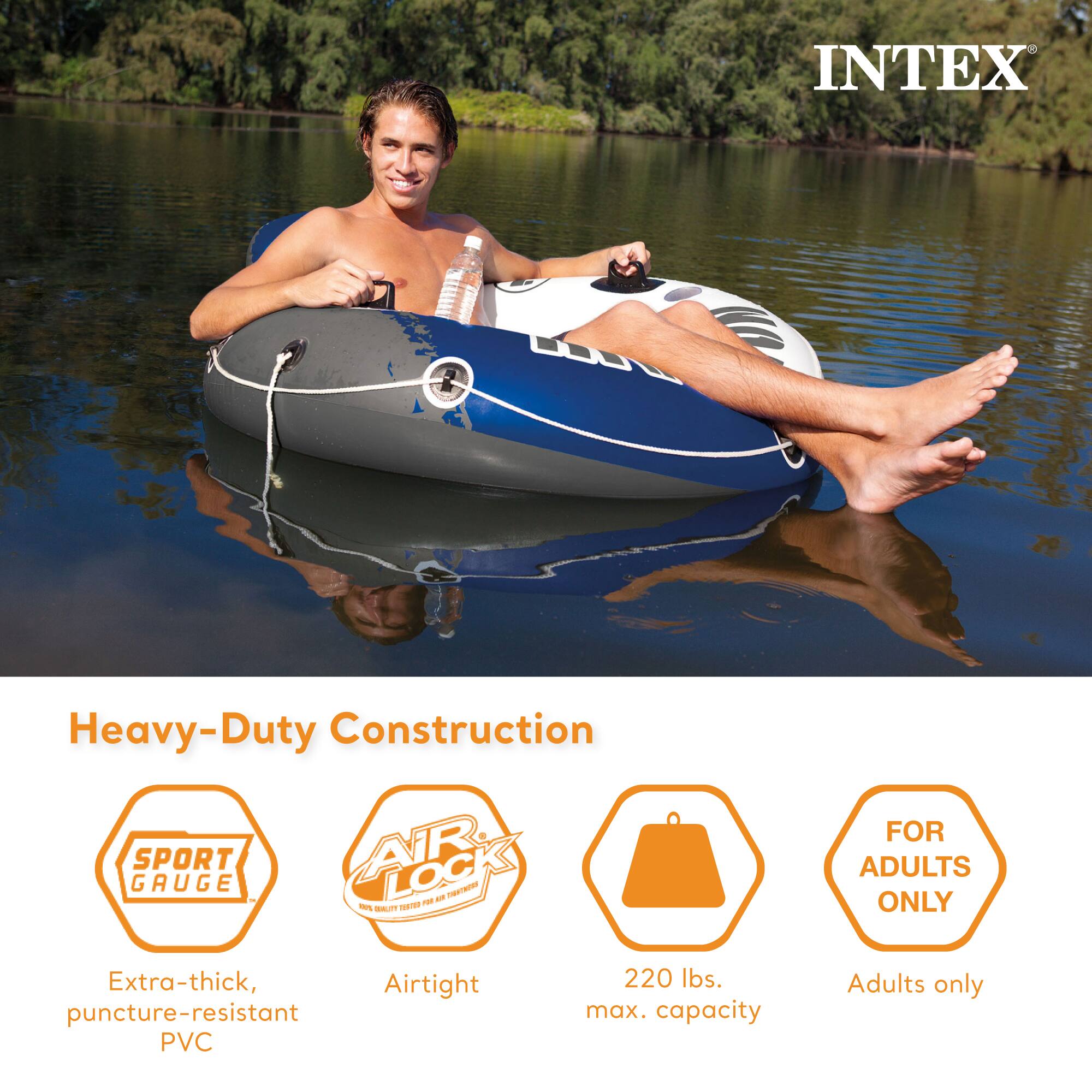 INTEX Heavy-Duty Construction GAUGE SPORT AR LOC an Eed U FOR ADULTS ONLY Extra-thick, Airtight puncture-resistant PVC 220 lbs. max. capacity Adults only