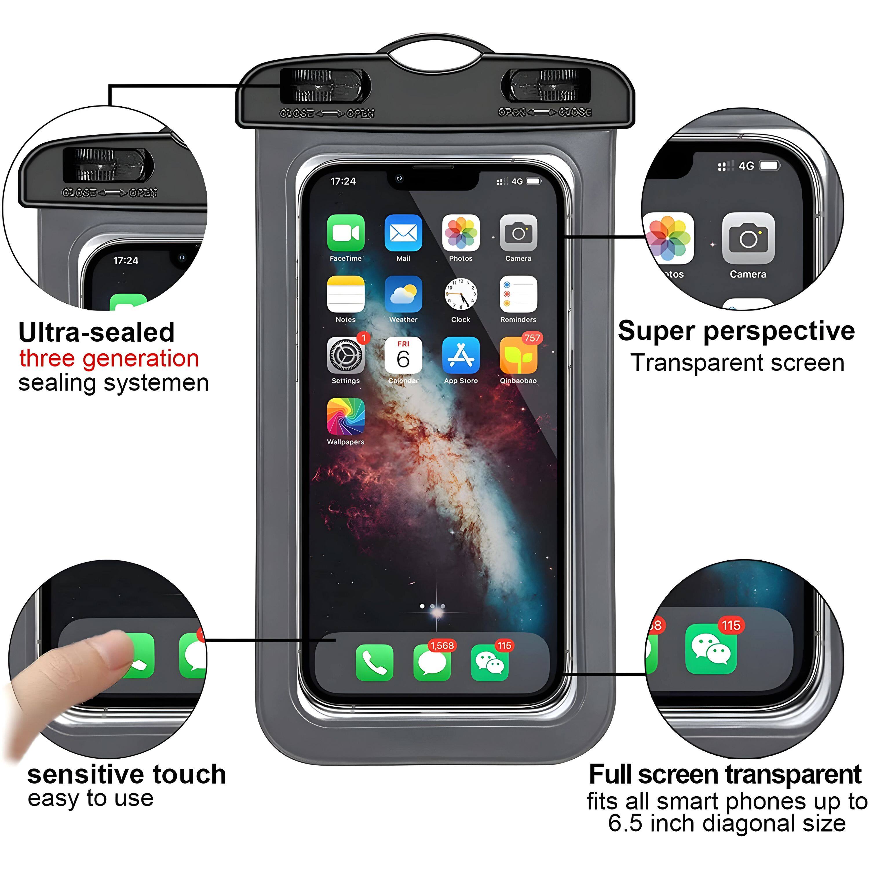 - Ultra-sealed three generation sealing system
- Super perspective Transparent screen
- sensitive touch easy to use
- Full screen transparent fits all smart phones up to 6.5 inch diagonal size
