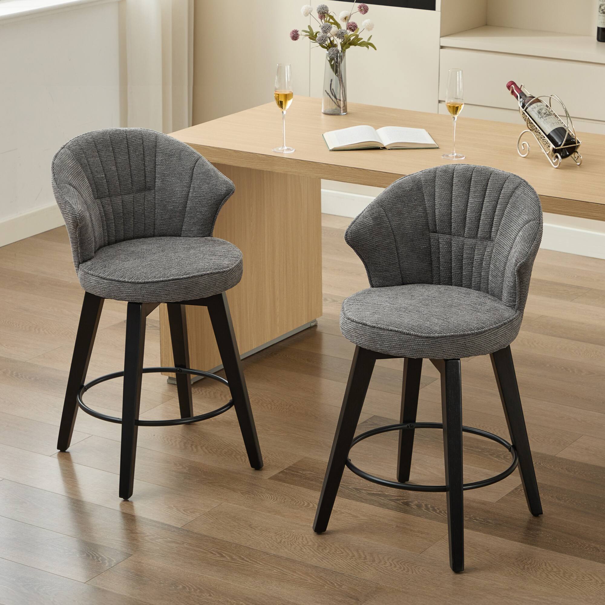 Front. GOODSILO - Set of 2 Wing Back Swivel Bar Stools - Adjustable Counter Height Stools with Solid Wood Legs & Plush Upholstery - Dark Grey.