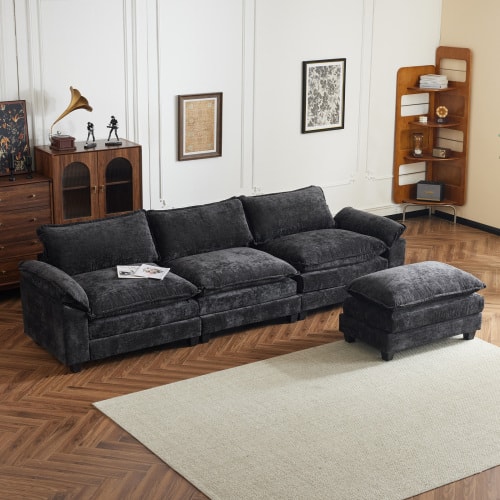 Front. Winado - Sectional Modular Deep Seat Sofa Couch with Ottoma, Chenille Sofa Sleeper Comfy Upholstered Furniture for Living Room - Black.