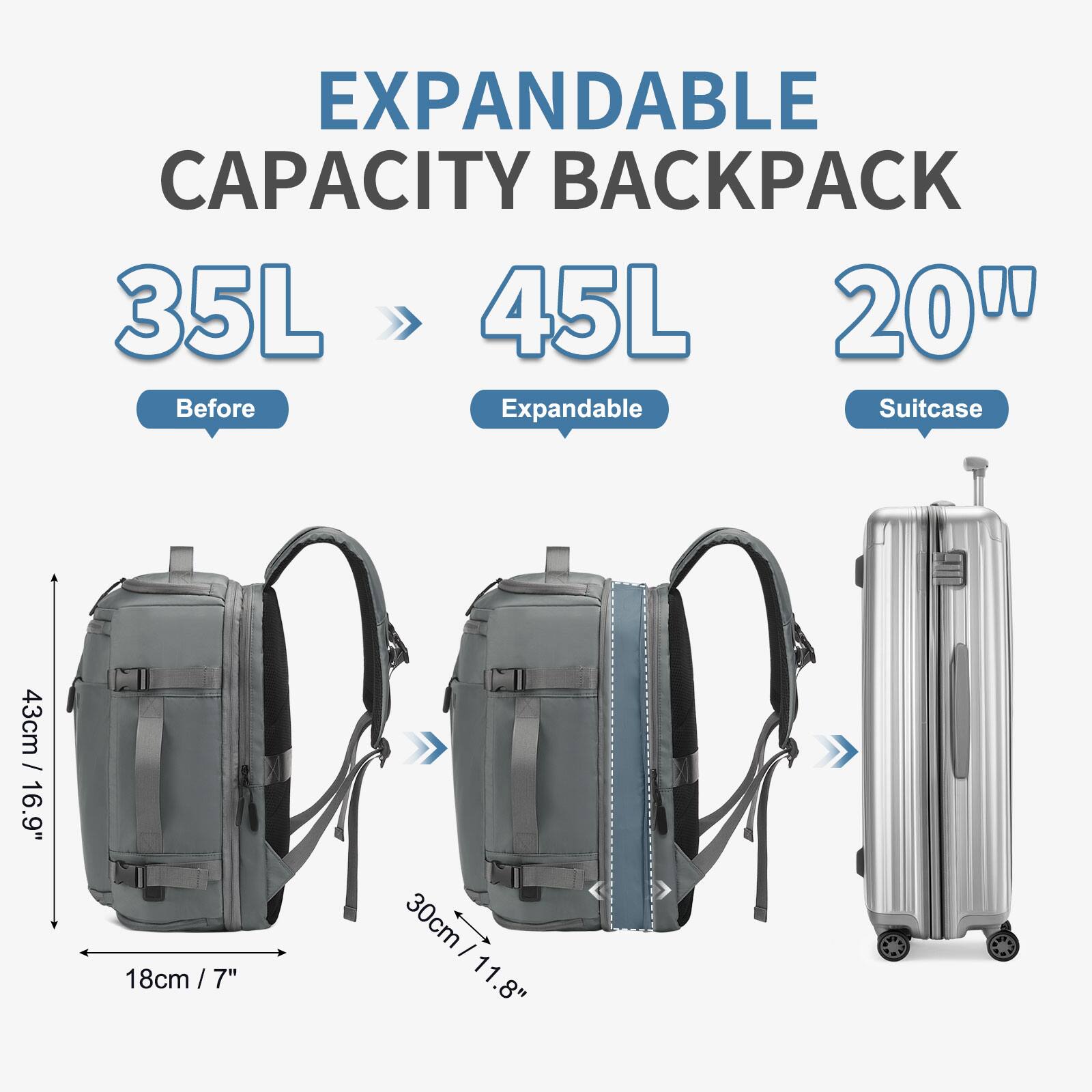 EXPANDABLE CAPACITY BACKPACK  
35L > 45L  
20" Suitcase  

Before  
43cm / 16.9"  
18cm / 7"  
30cm / 11.8"  

Expandable  
43cm / 16.9"  
18cm / 7"  
30cm / 11.8"