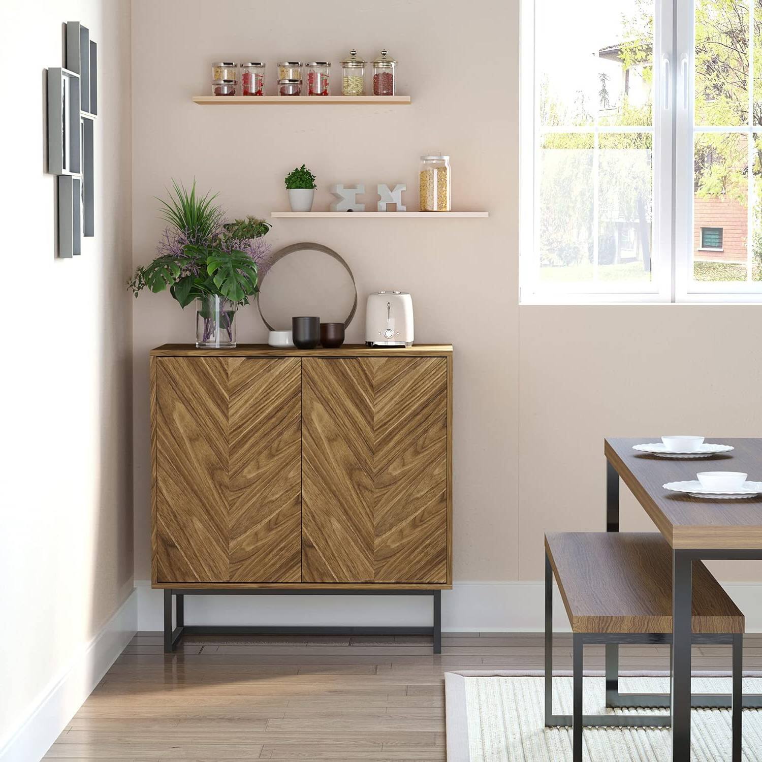 Angle. Hivvago - Modern Entryway Sideboard Buffet Dining Storage Cabinet in Walnut Wood Finish - Walnut.