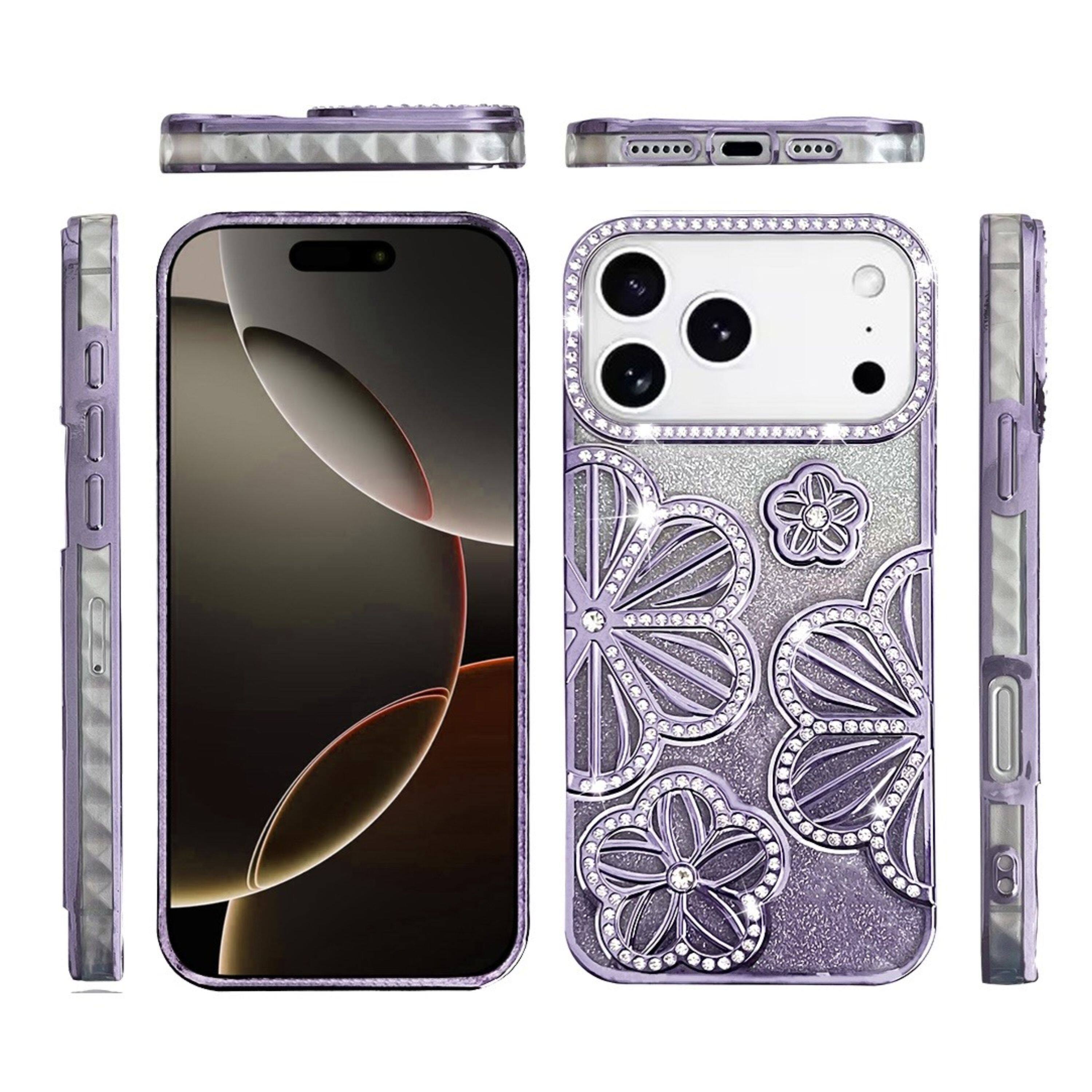 Left. Kitcheniva - 3D Floral Glitter TPU Phone Case With Tempered Glass For iPhone 17 Pro Purple - Purple.