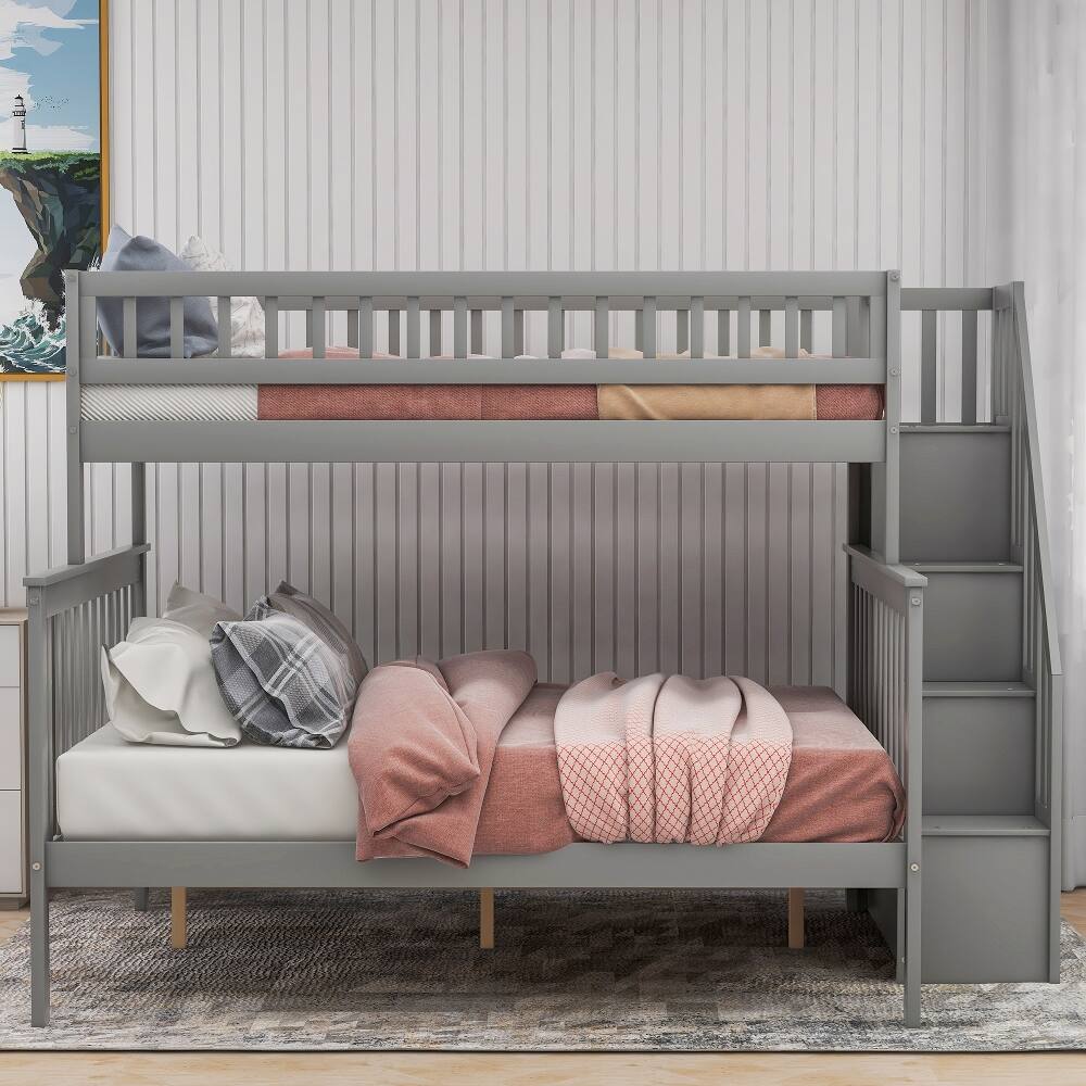 Back. Loheer - Loheer Twin Over Full Stairway Bunk Bed with Storage Gray Solid Wood - Gray.